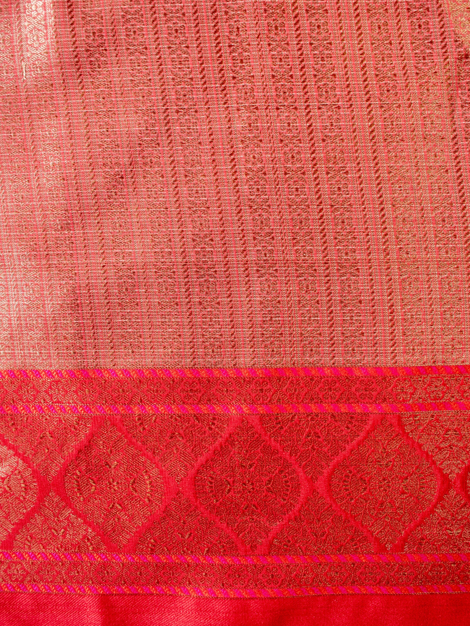 Banarasi Kota Check Saree With Buti Contrast Red Border-Beige