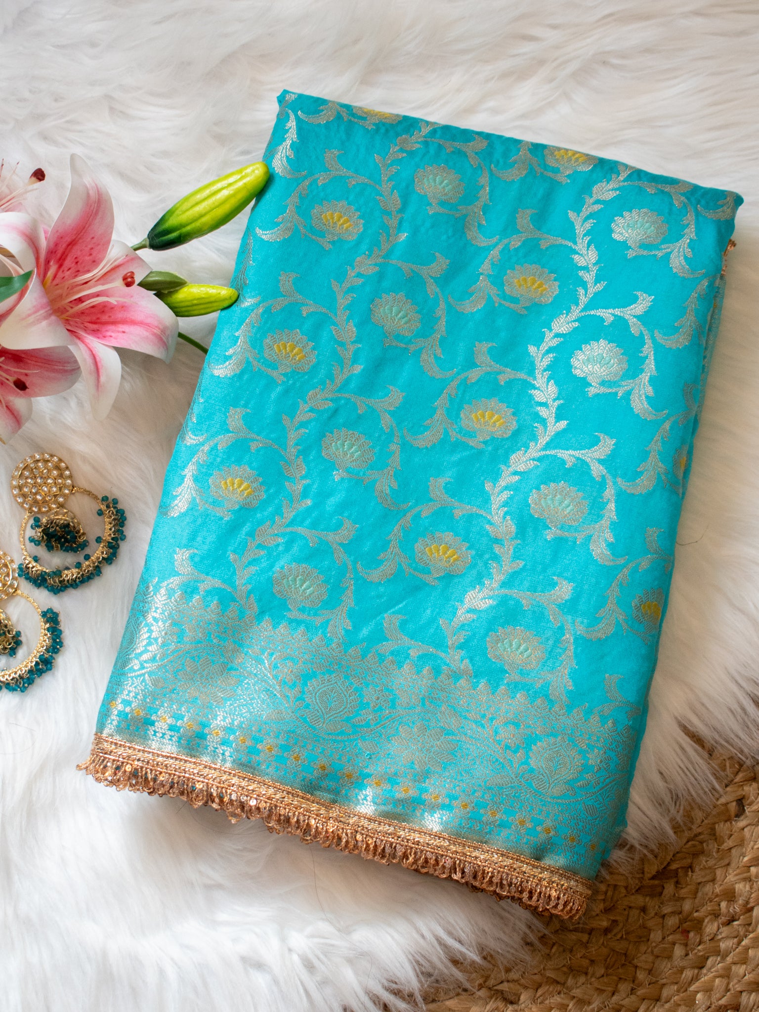 Banarasi Semi Silk Saree With Zari Weaving & Lace Border -Blue