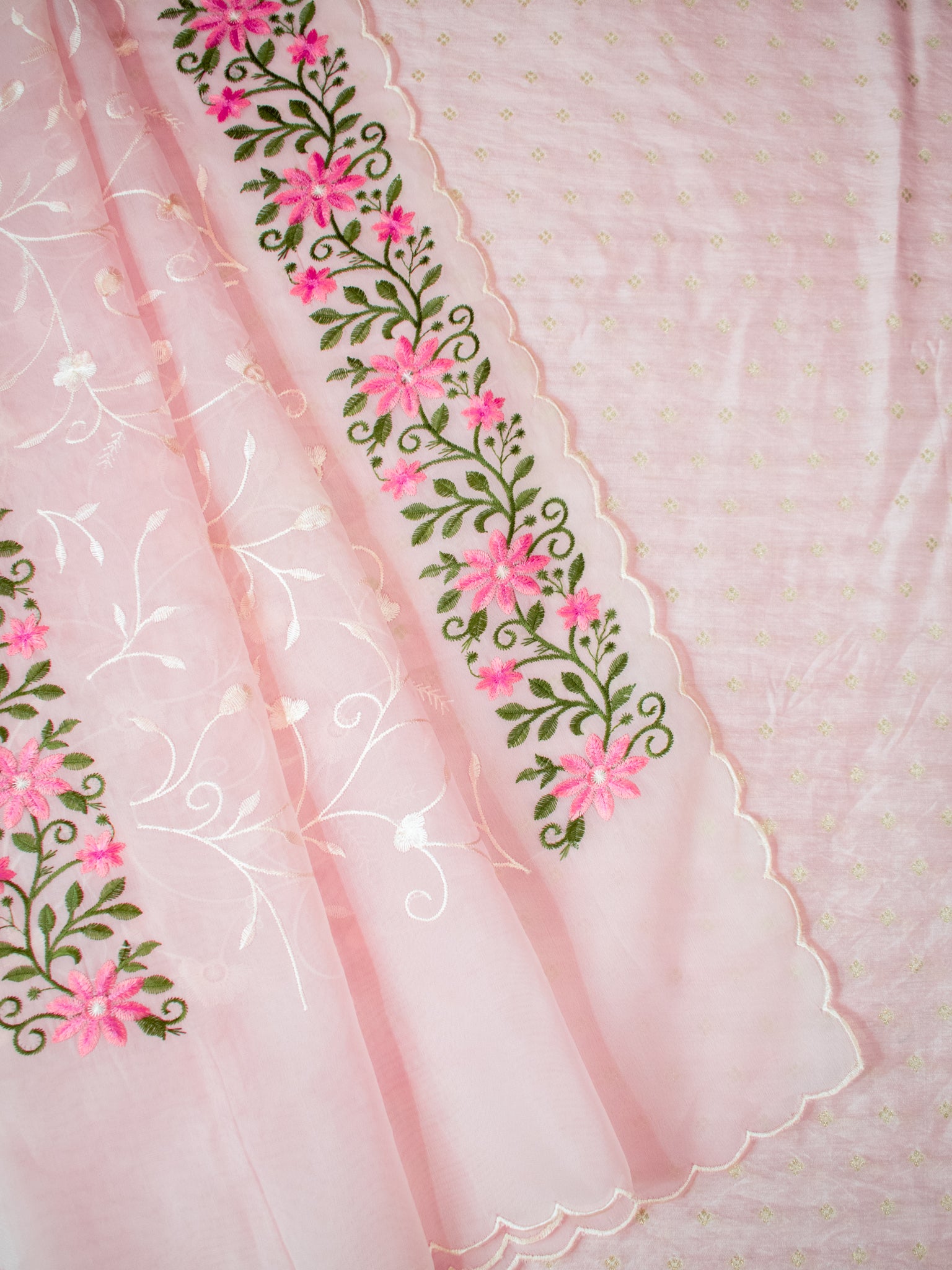 Banarasi Modal Salwar Kameez Fabric With Organza Dupatta- Pink