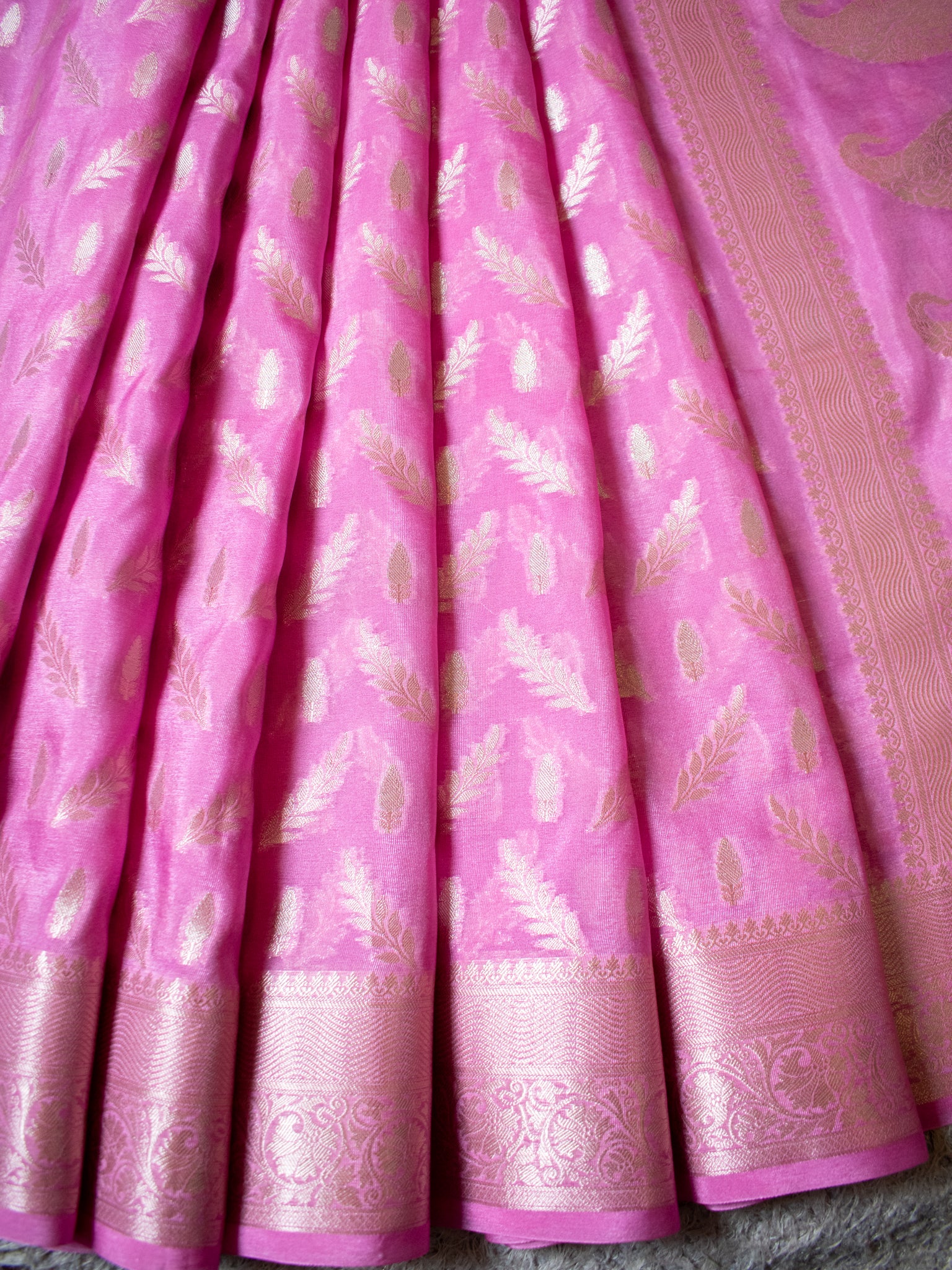Banarasi Semi Silk Saree With Silver Zari Weaving & Border-Pink