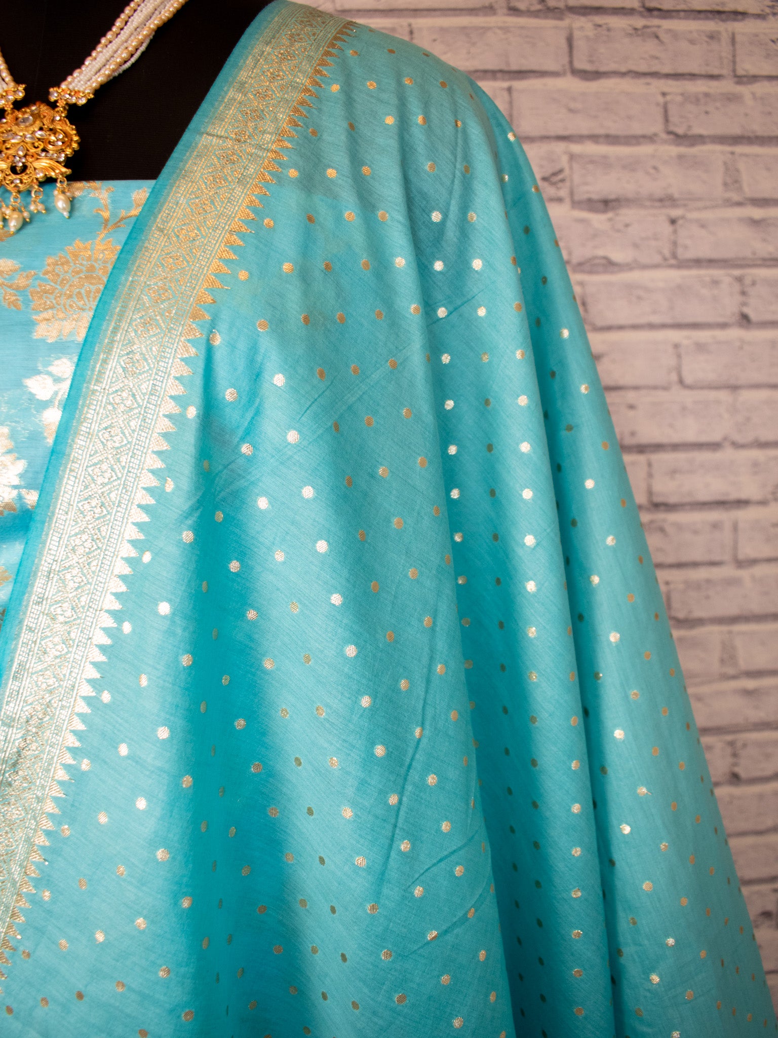 Banarasi Cotton Silk Salwar Kameez Material With Silver Zari Jaal Weaving & Dupatta-Blue