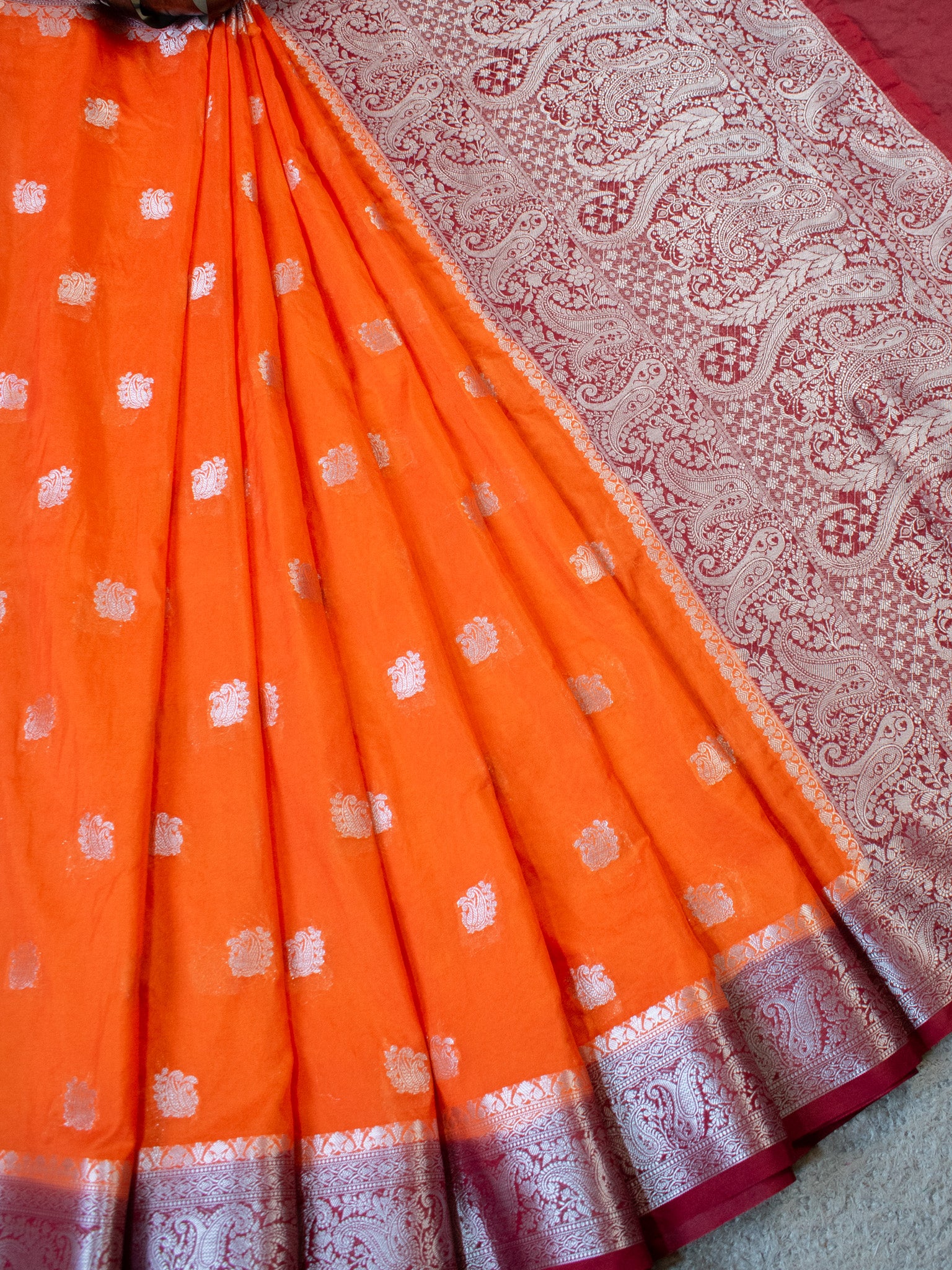 Banarasi Semi Chiffon Saree Silver Zari Buti Weaving With Contrast Border- Orange