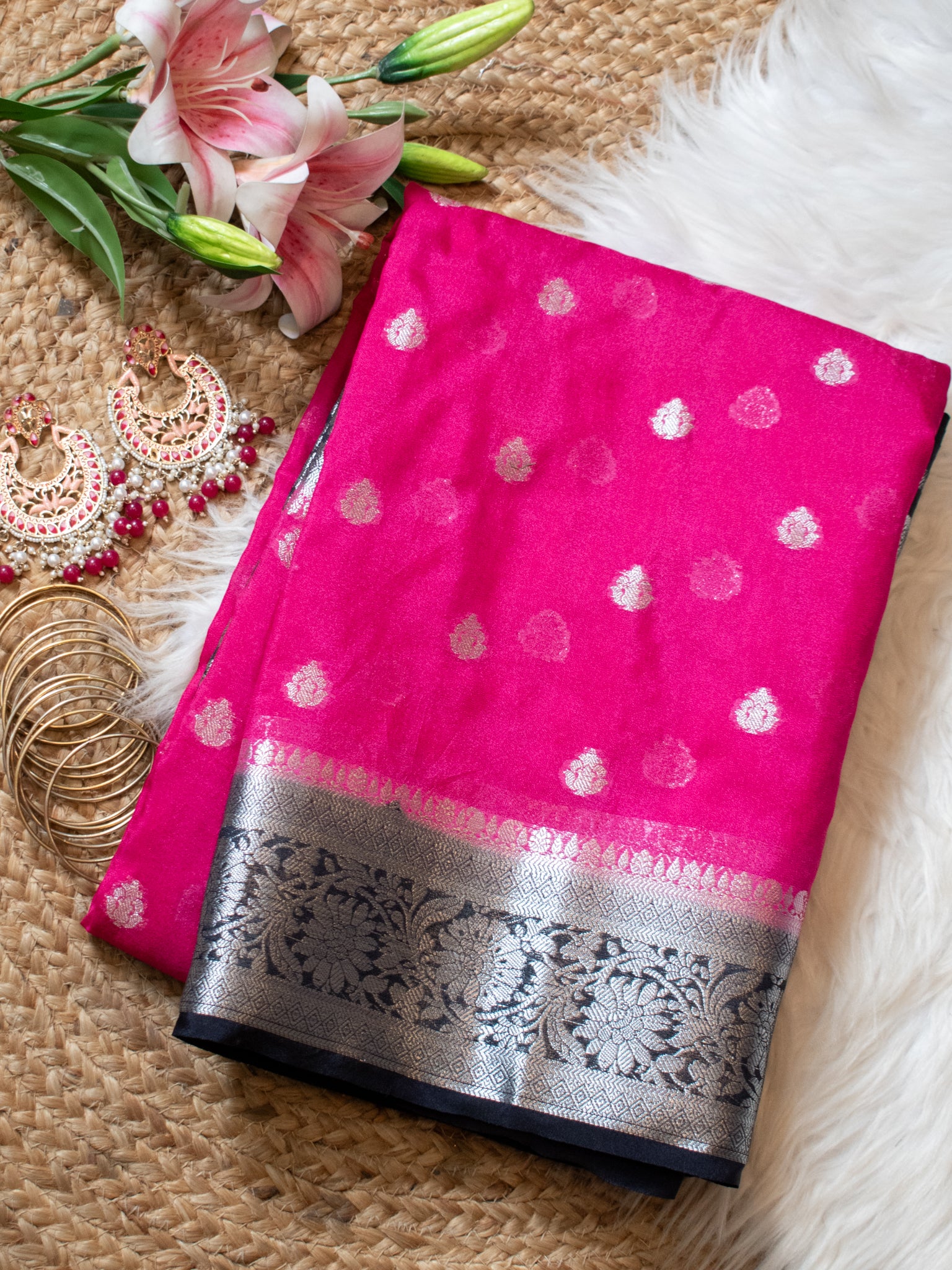 Banarasi Semi Chiffon Saree with Zari Weaving & Border- Magenta
