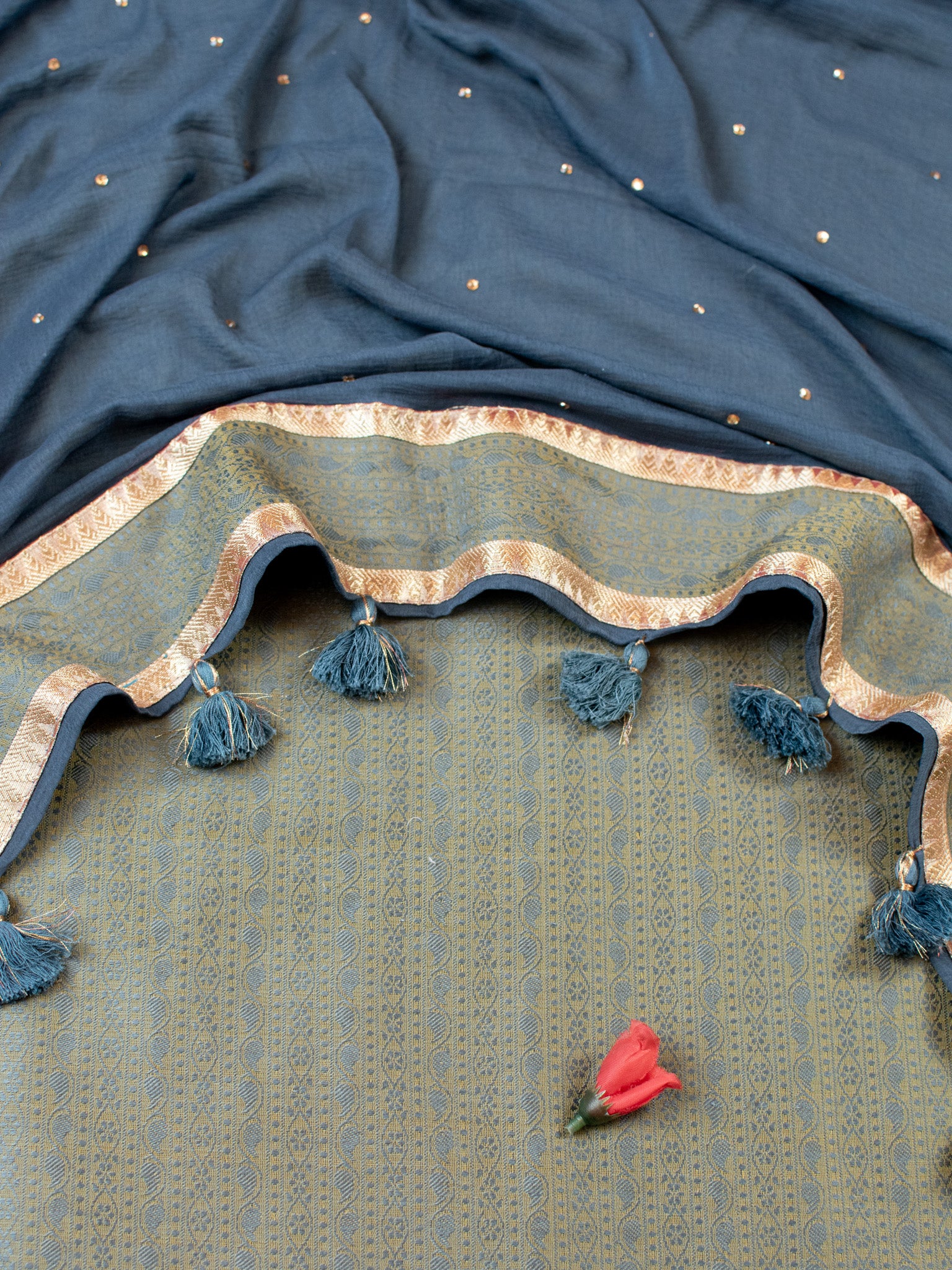 Banarasi Cotton Silk Resham Weaving Salwar Kameez Material With Dupatta- Green & Grey