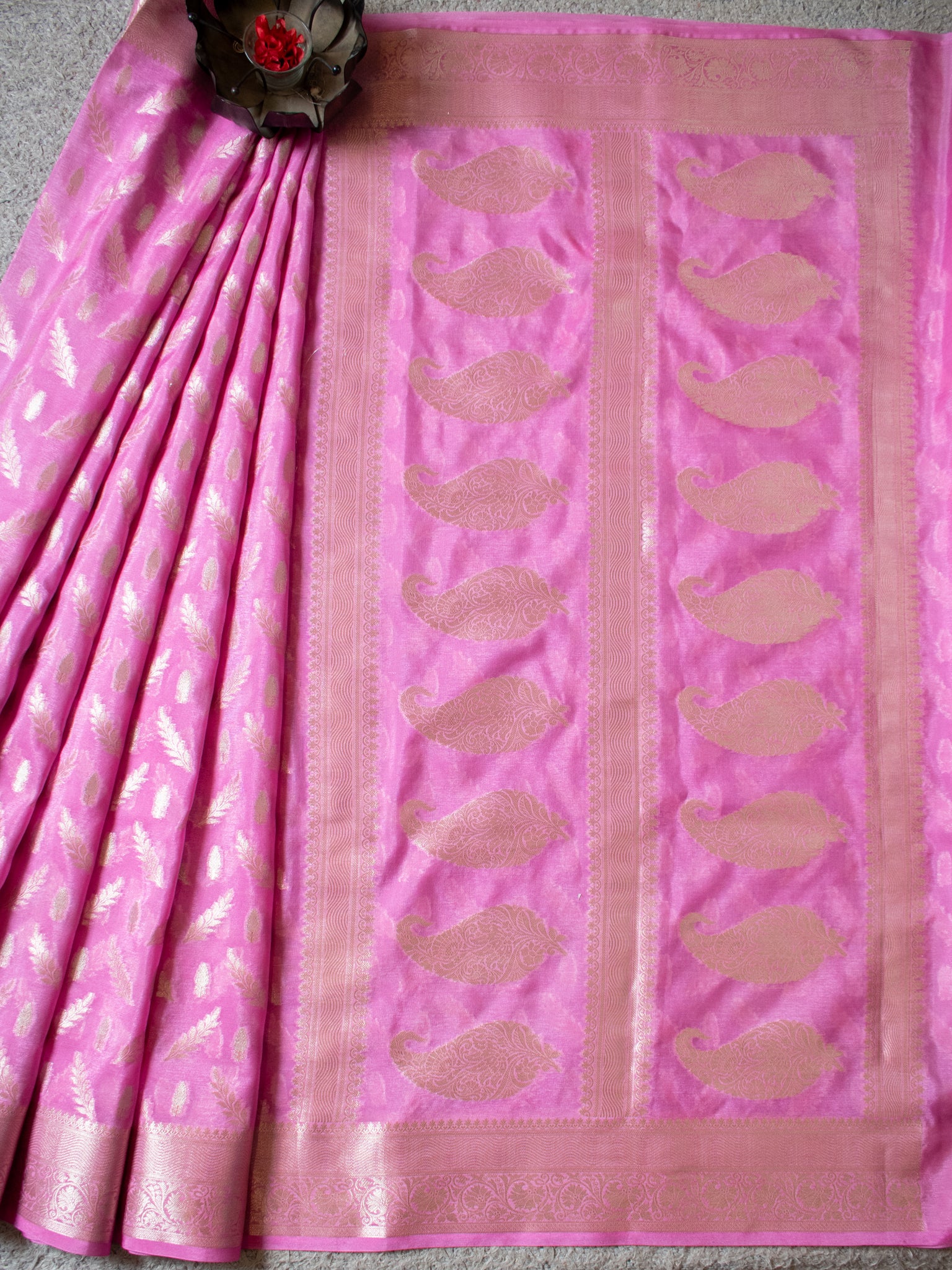 Banarasi Semi Silk Saree With Silver Zari Weaving & Border-Pink