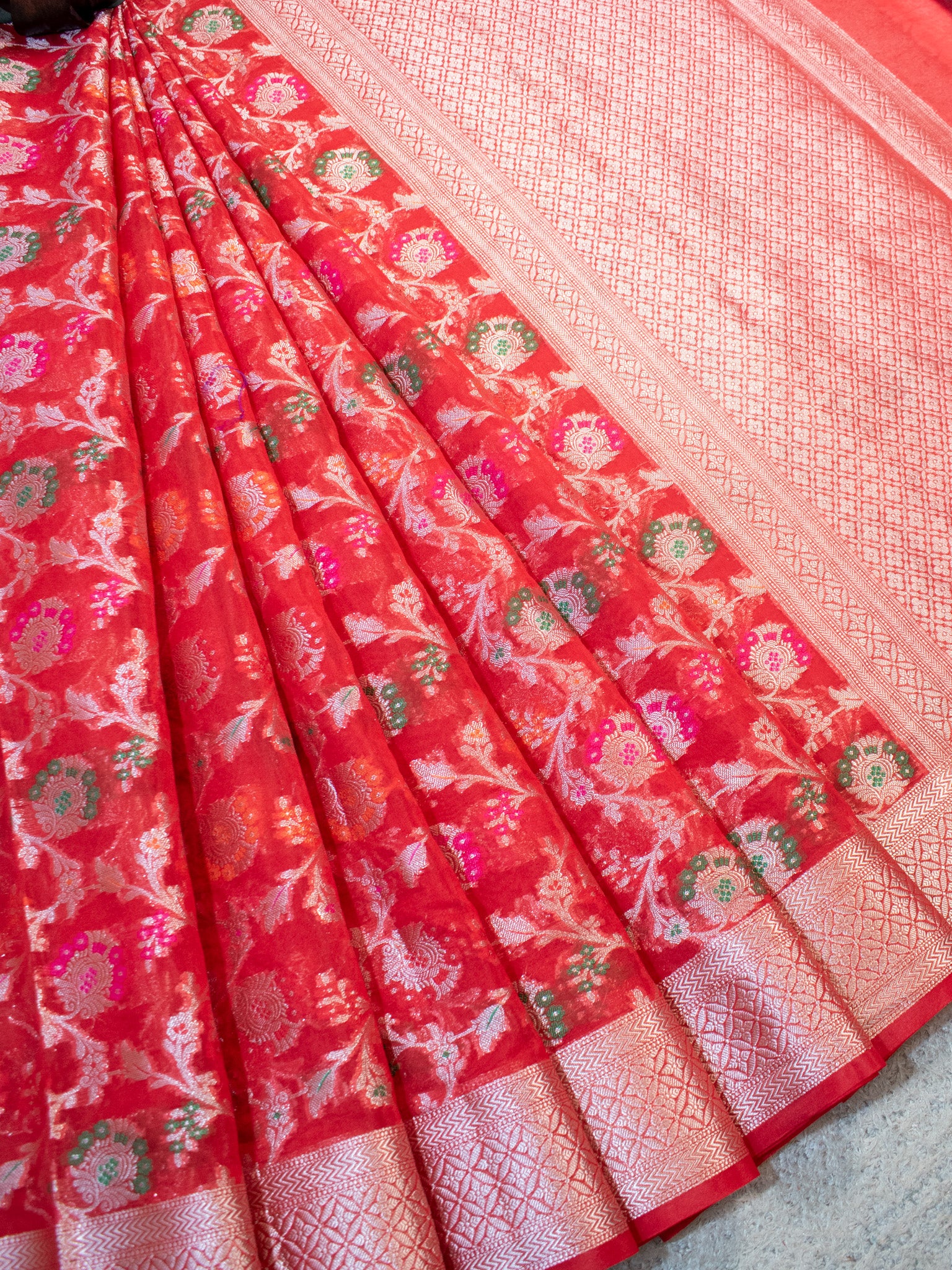 Banarasi Semi Silk Saree With Heavy Jaal Zari & Meena Weaving-Red
