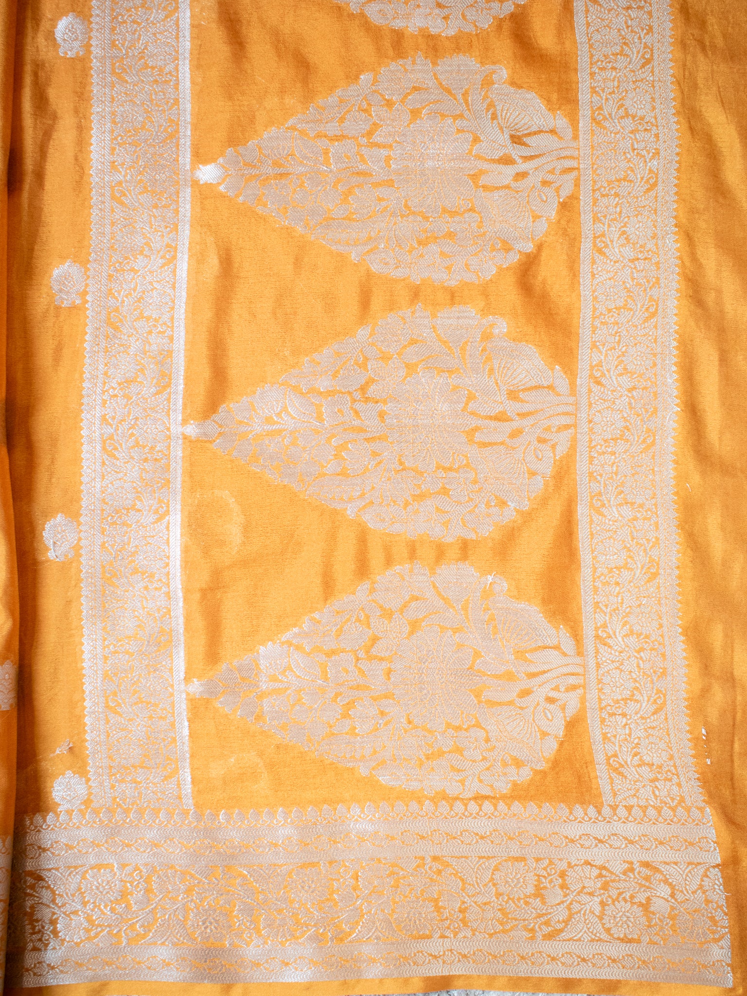 Banarasi Semi Chiffon Saree Silver Zari Buti Weaving With Border- Yellow