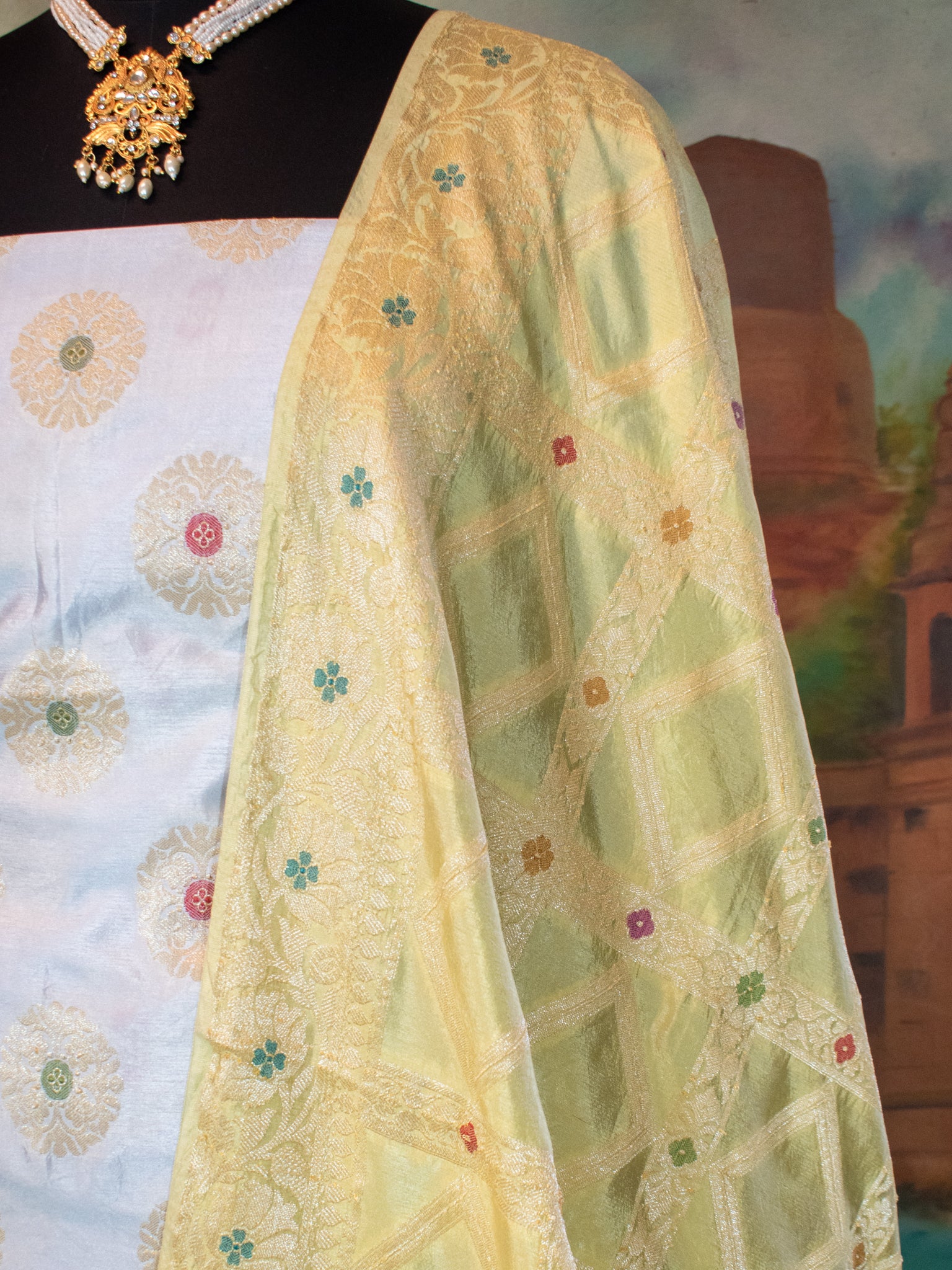 Banarasi Cotton Silk Salwar Kameez With Heavy Jaal Dupatta- Grey