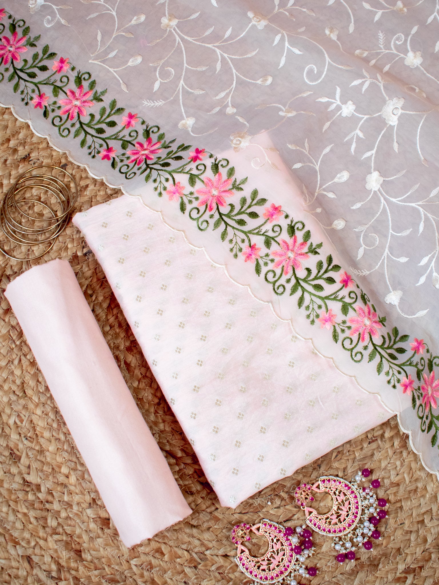 Banarasi Modal Salwar Kameez Fabric With Organza Dupatta- Pink