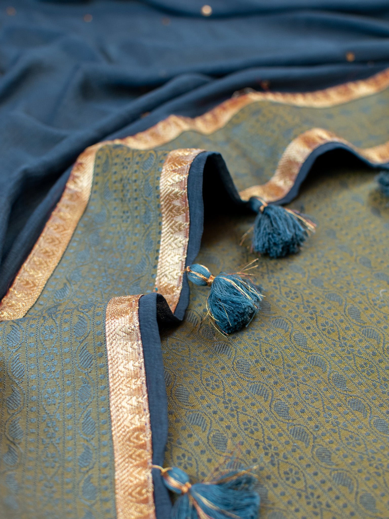 Banarasi Cotton Silk Resham Weaving Salwar Kameez Material With Dupatta- Green & Grey