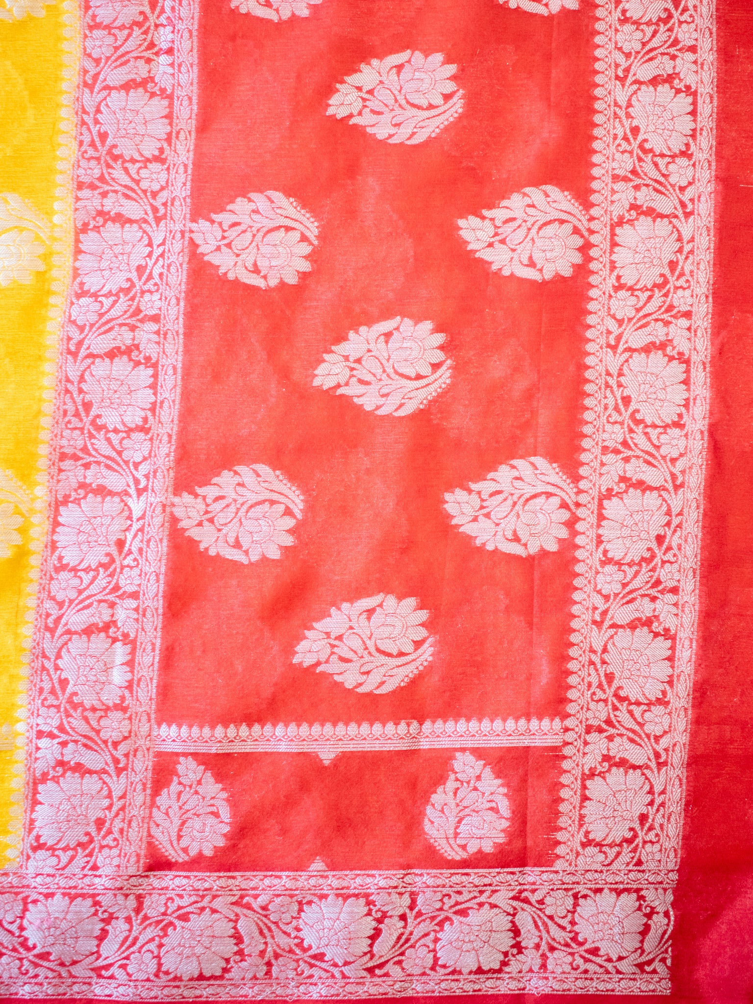 Banarasi Dupion Warm Silk Saree With Silver Buta & Contrast Border- Yellow