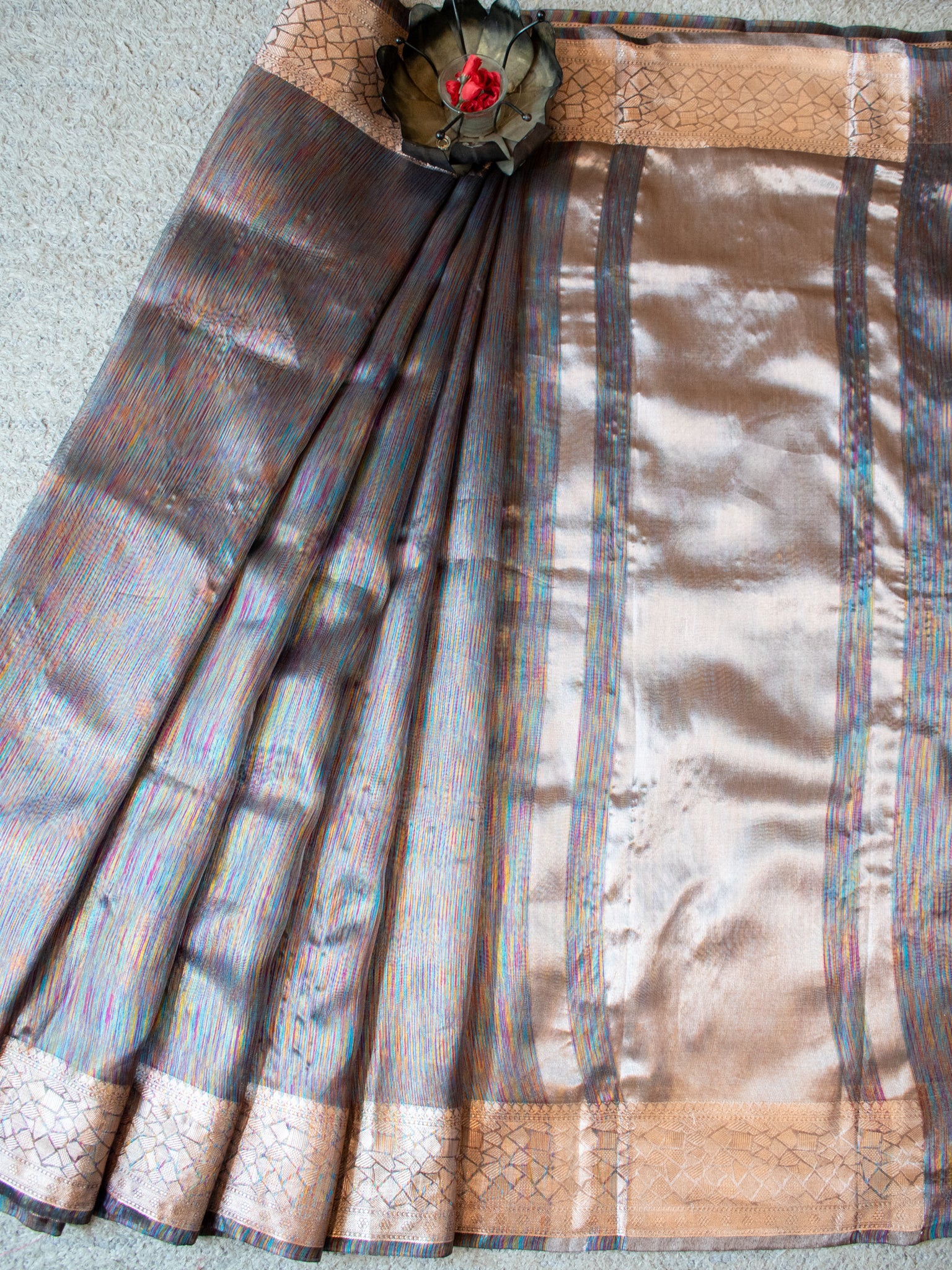 Banarasi Tissue Saree With Zari Border- Rainbow