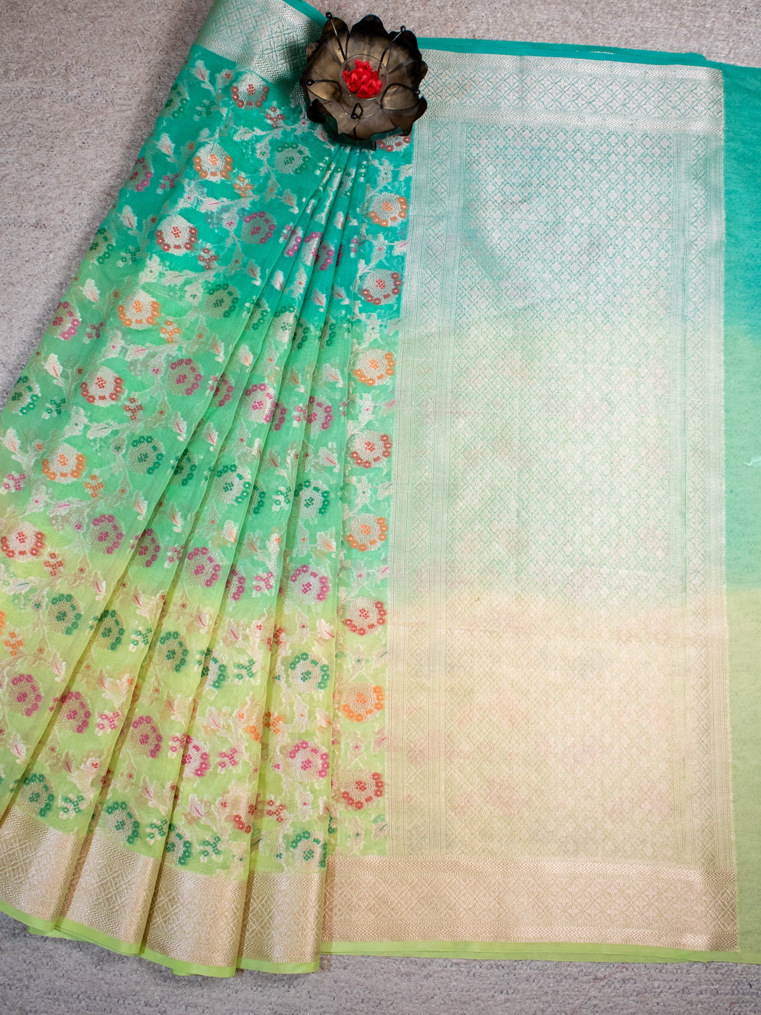 Banarasi Shaded Semi Silk Saree With Heavy Jaal Zari & Meena Weaving-Green