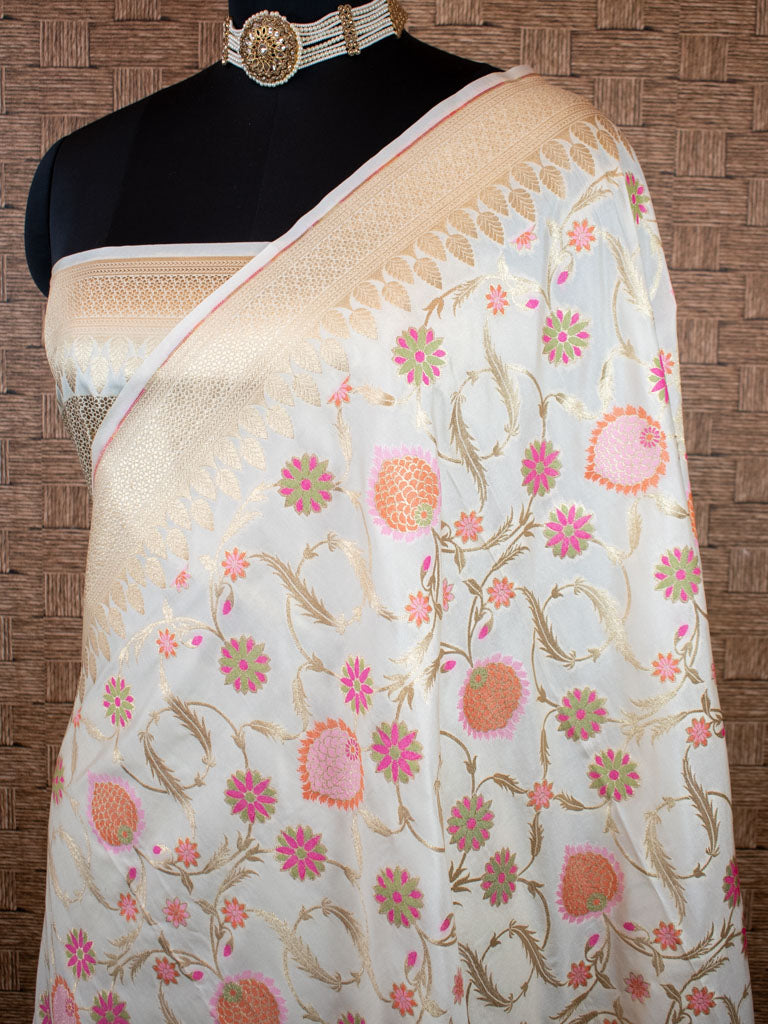 Banarasi Art Katan Silk Saree With Meena Floral Weaving-White