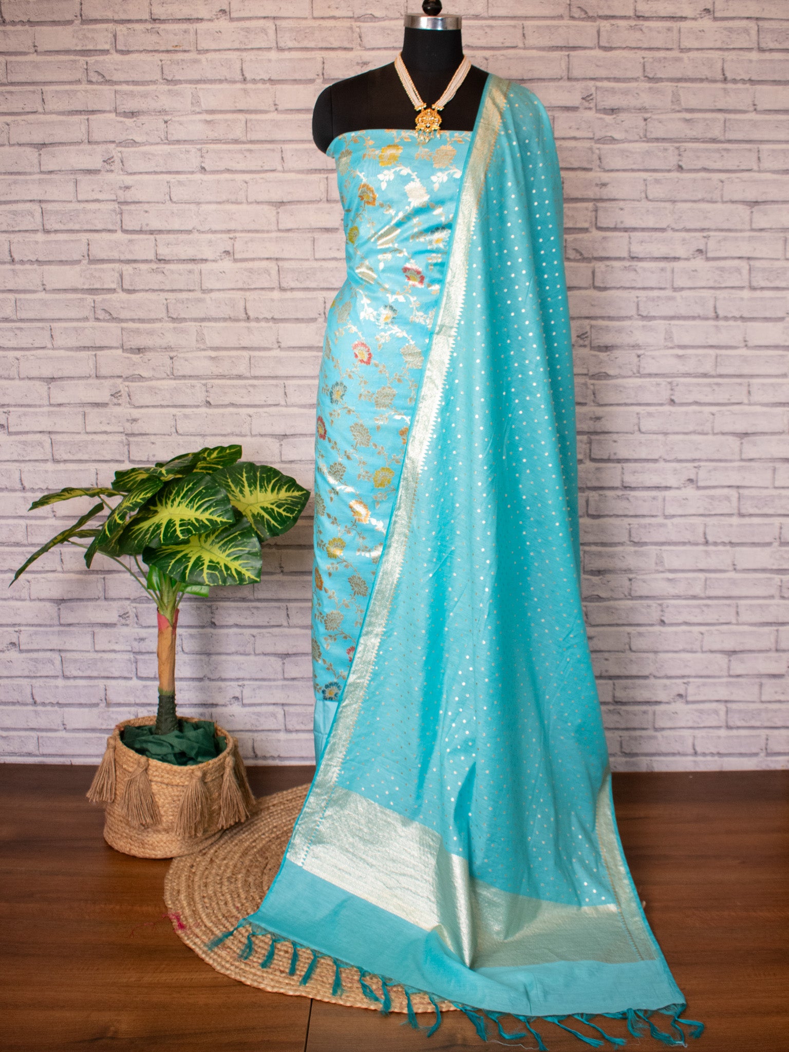 Banarasi Cotton Silk Salwar Kameez Material With Silver Zari Jaal Weaving & Dupatta-Blue