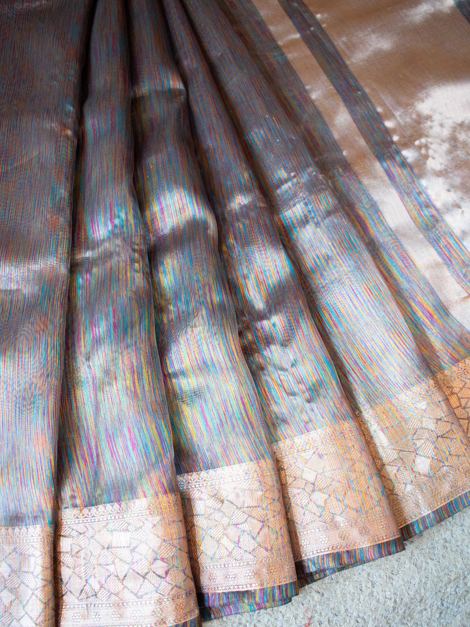 Banarasi Tissue Saree With Zari Border- Rainbow