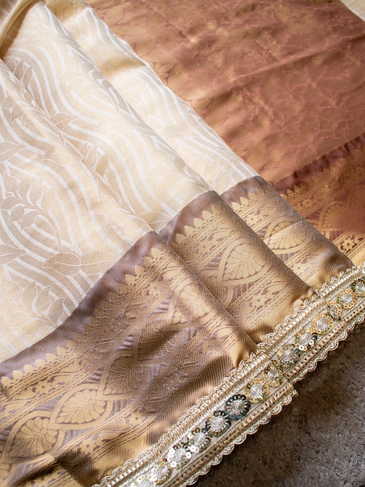 Banarasi Tissue Saree with Zari Weaving & Contrast Border With Lace- Beige