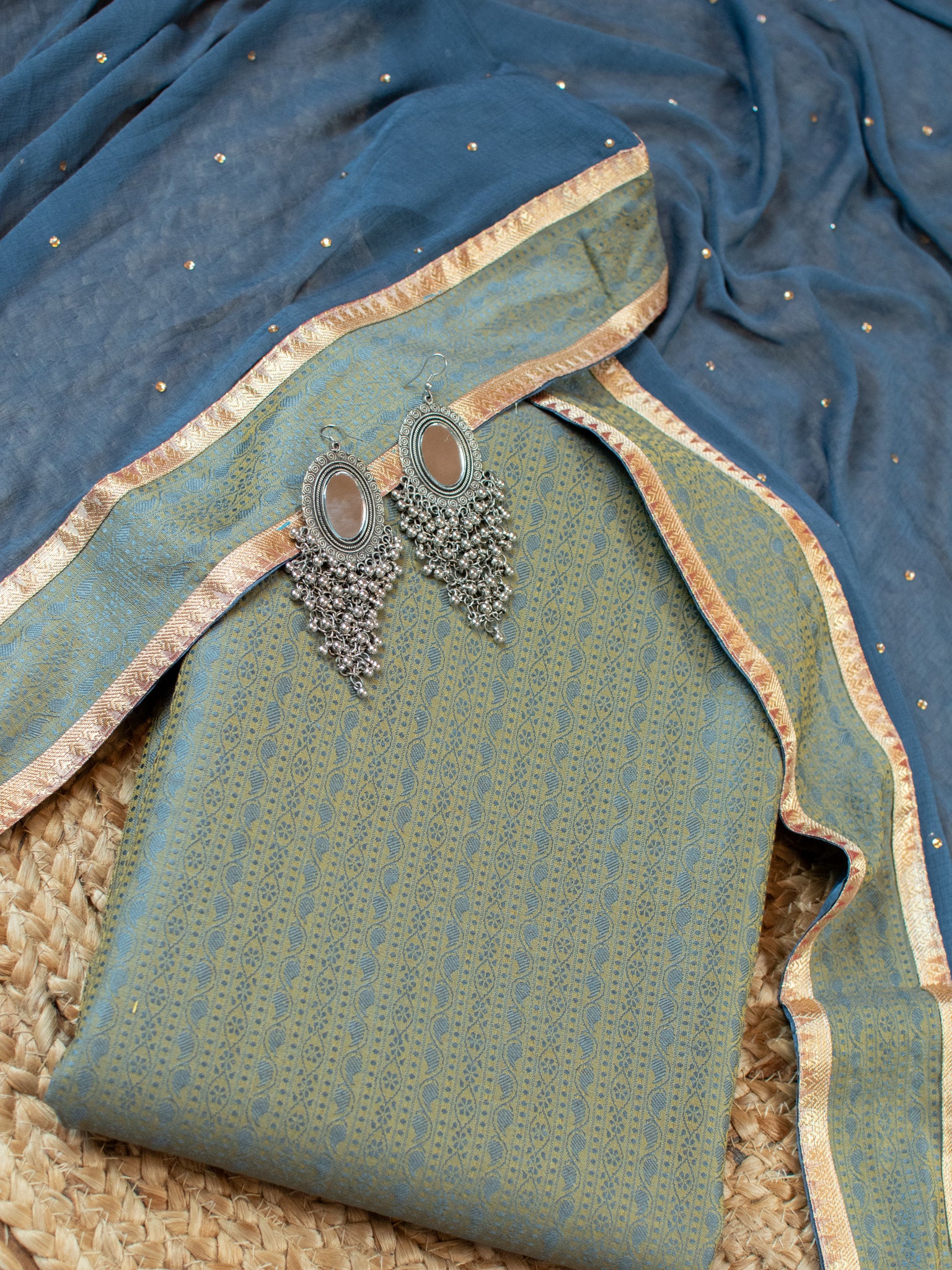 Banarasi Cotton Silk Resham Weaving Salwar Kameez Material With Dupatta- Green & Grey