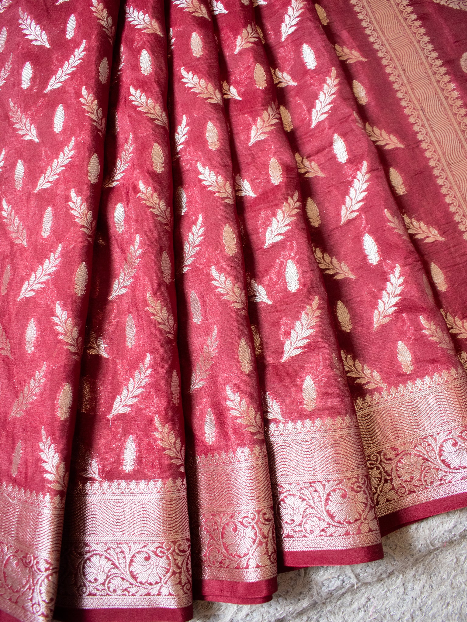 Banarasi Semi Silk Saree With Silver Zari Weaving & Border- Maroon