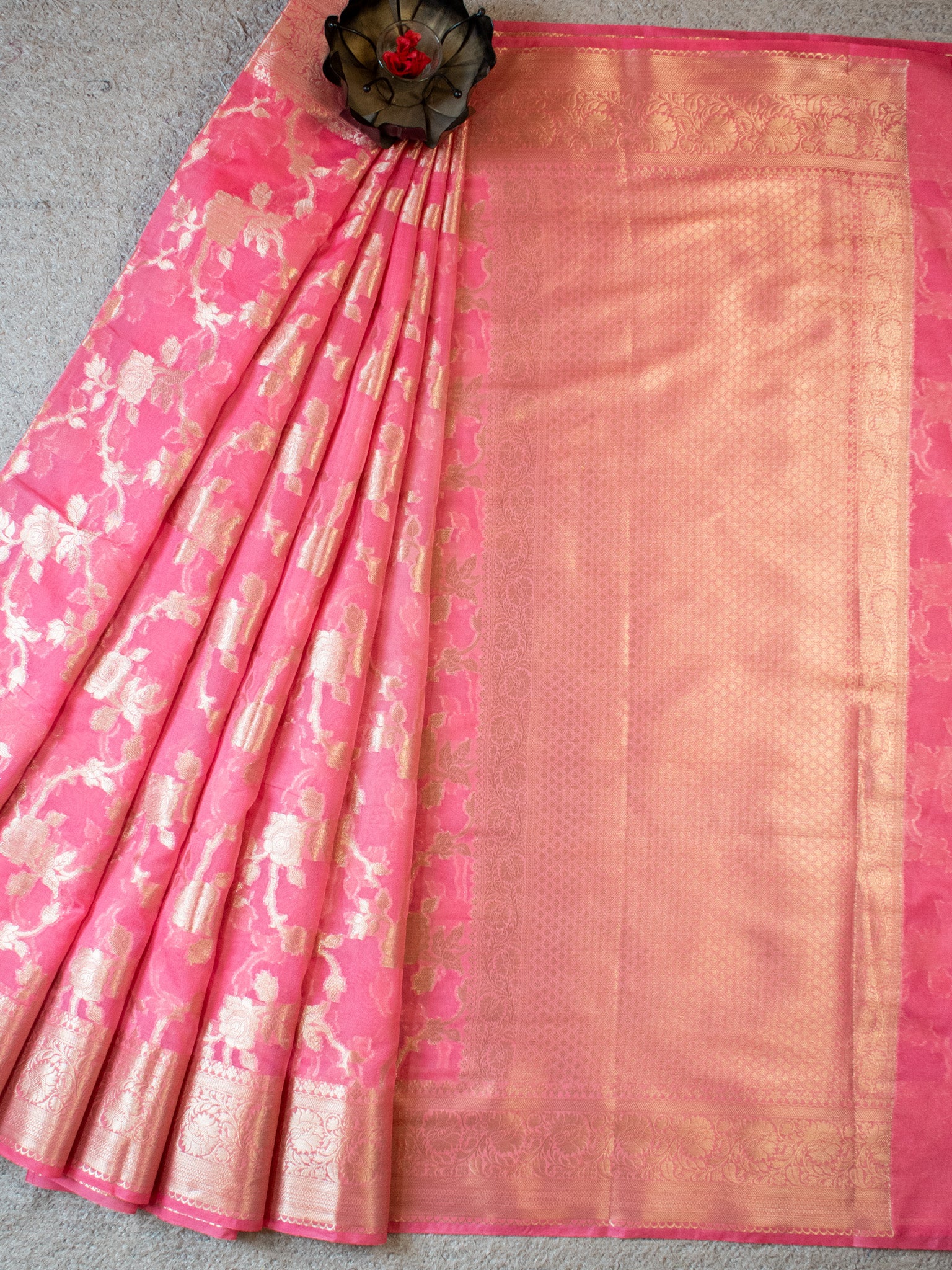 Banarasi Cotton Silk Saree With Silver Zari Jaal Weaving & Border-Pink
