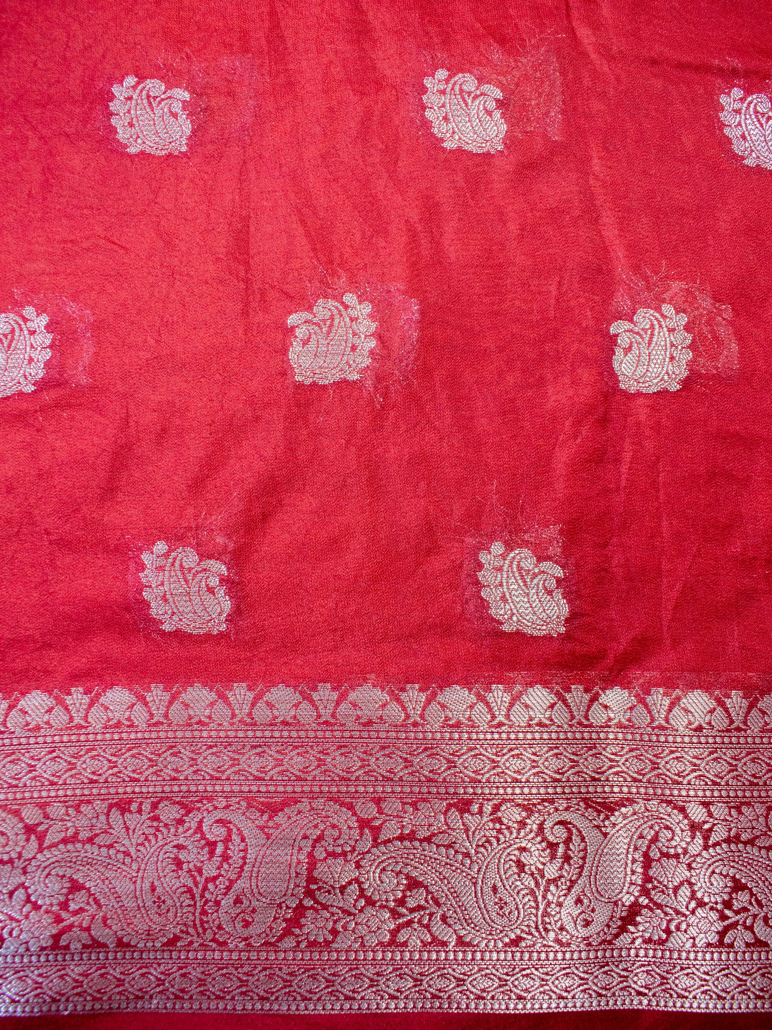 Banarasi Semi Chiffon Saree Silver Zari Buti Weaving With Contrast Border- Orange