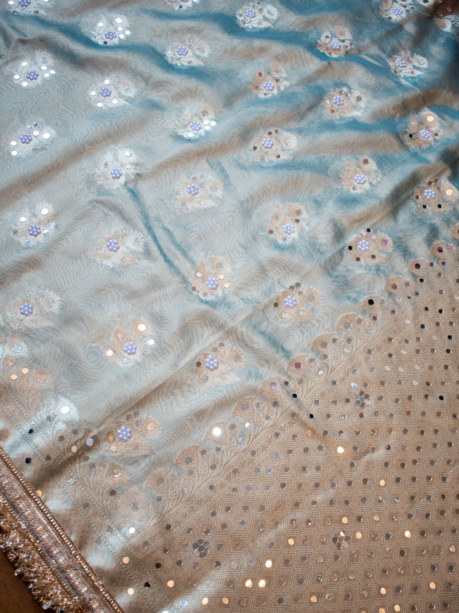Banarasi Mirror Work Tissue Saree with Lace Border - Blue