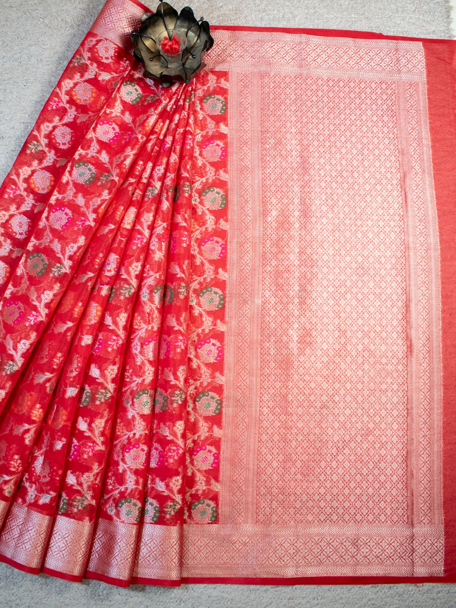 Banarasi Semi Silk Saree With Heavy Jaal Zari & Meena Weaving-Red