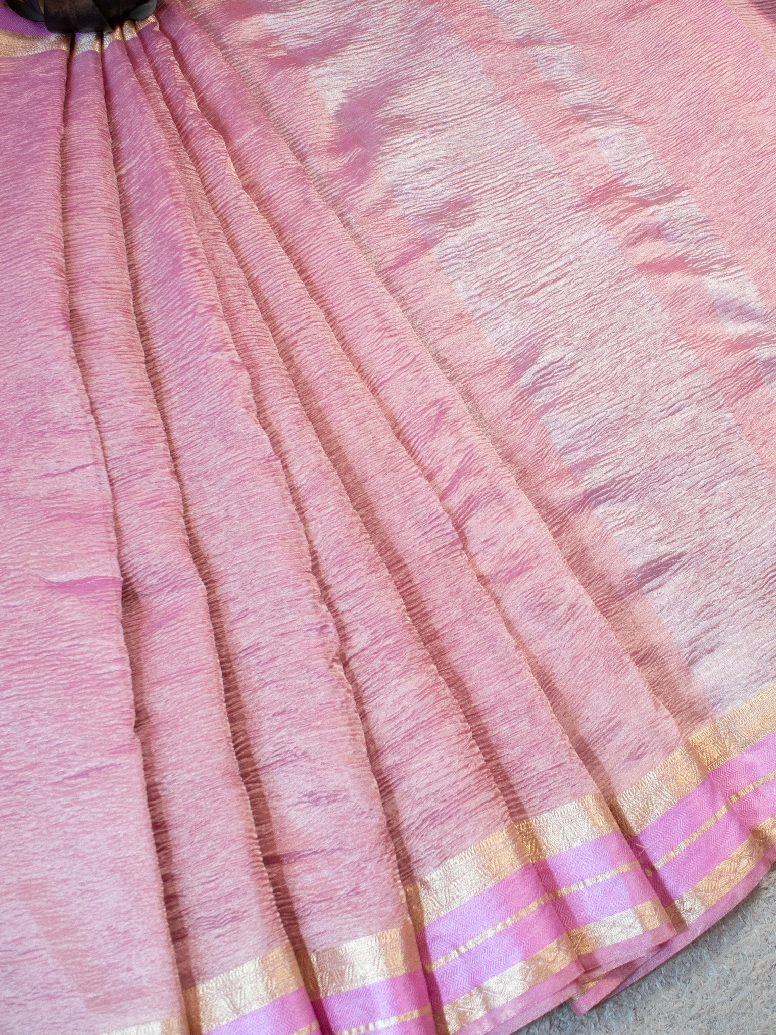 Banarasi Crushed Tissue Saree With Zari Border- Pink