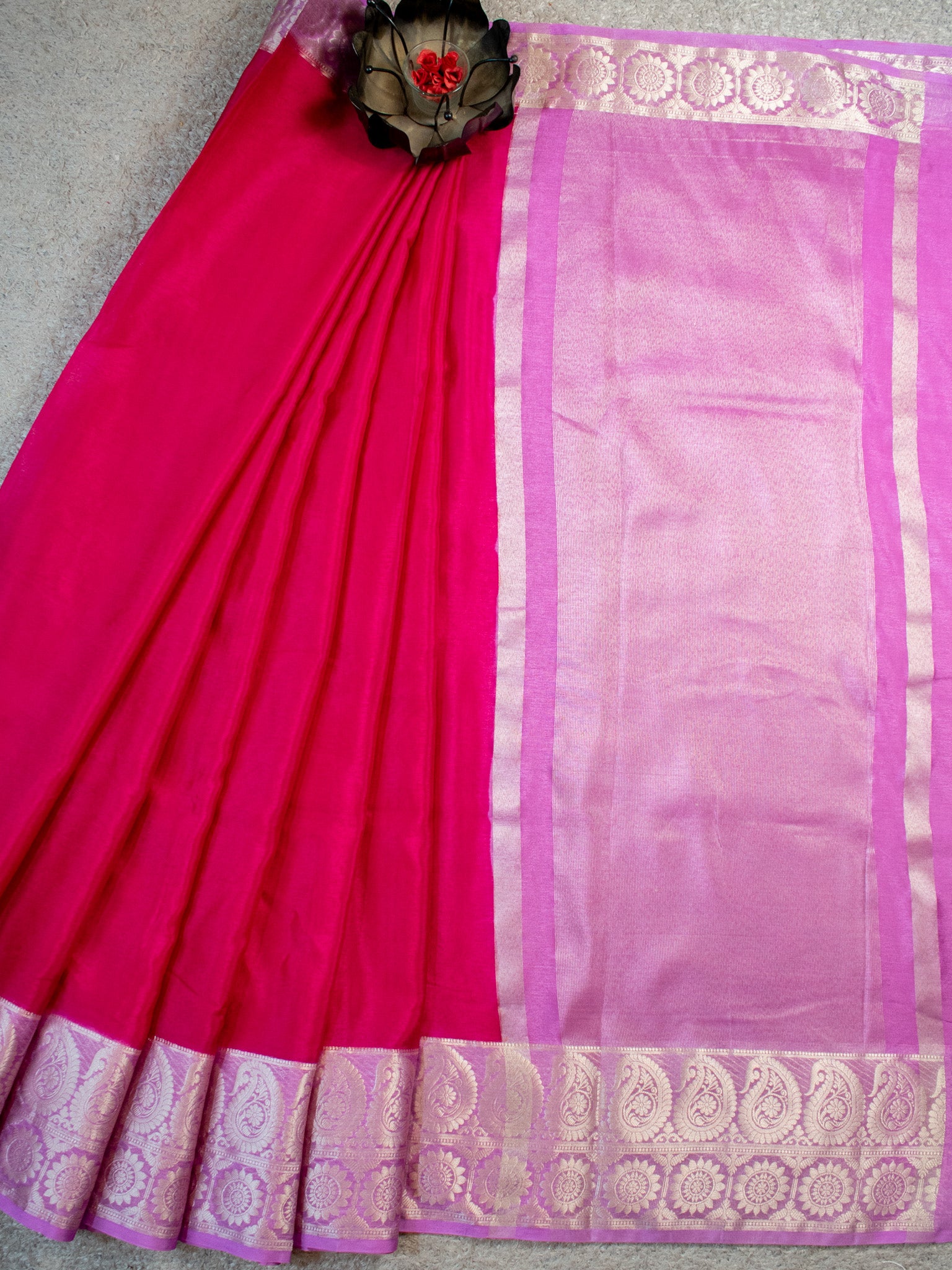 Banarasi Cotton Silk Saree With Silver Zari Weaving & Border-Pink