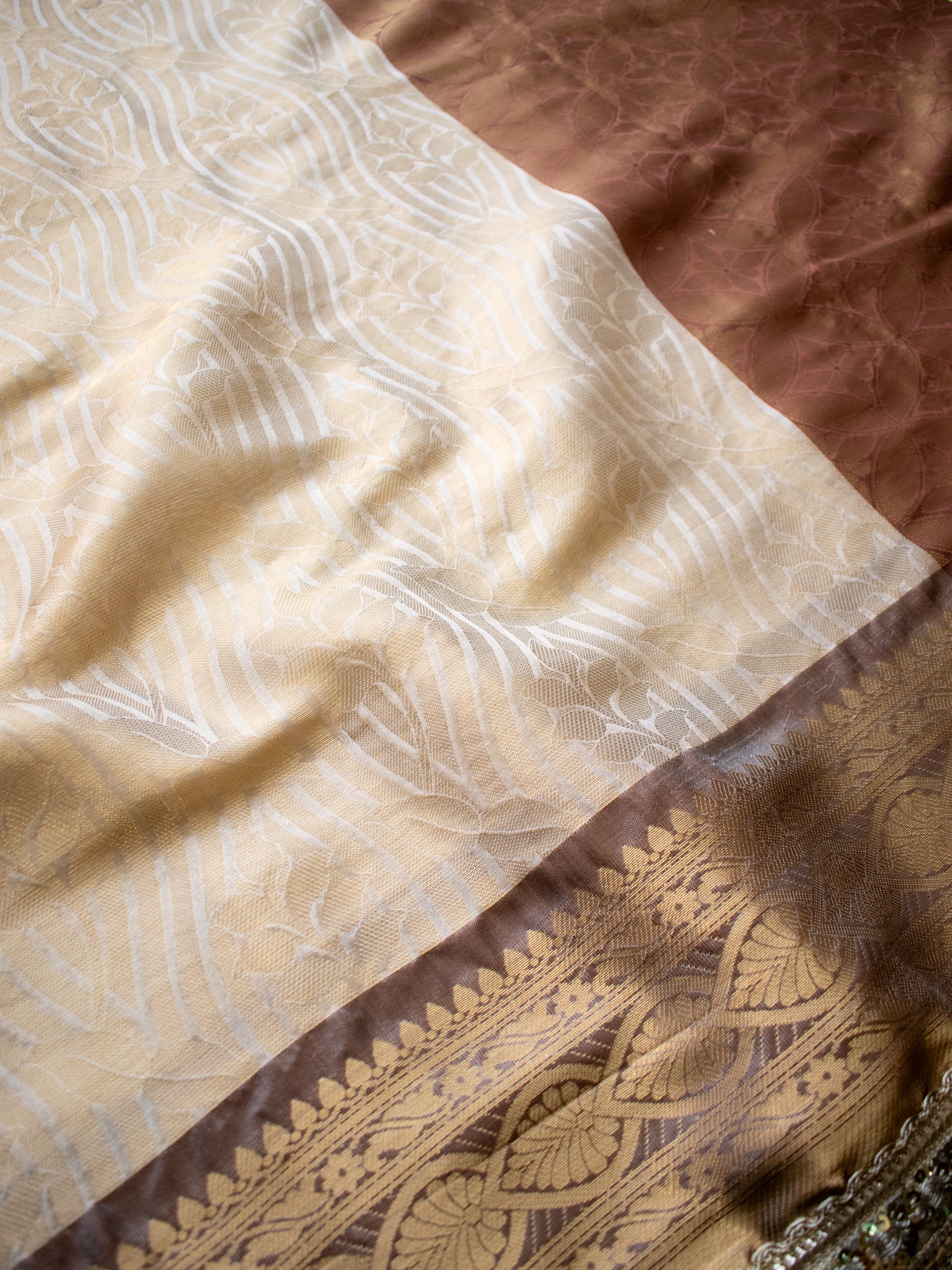 Banarasi Tissue Saree with Zari Weaving & Contrast Border With Lace- Beige