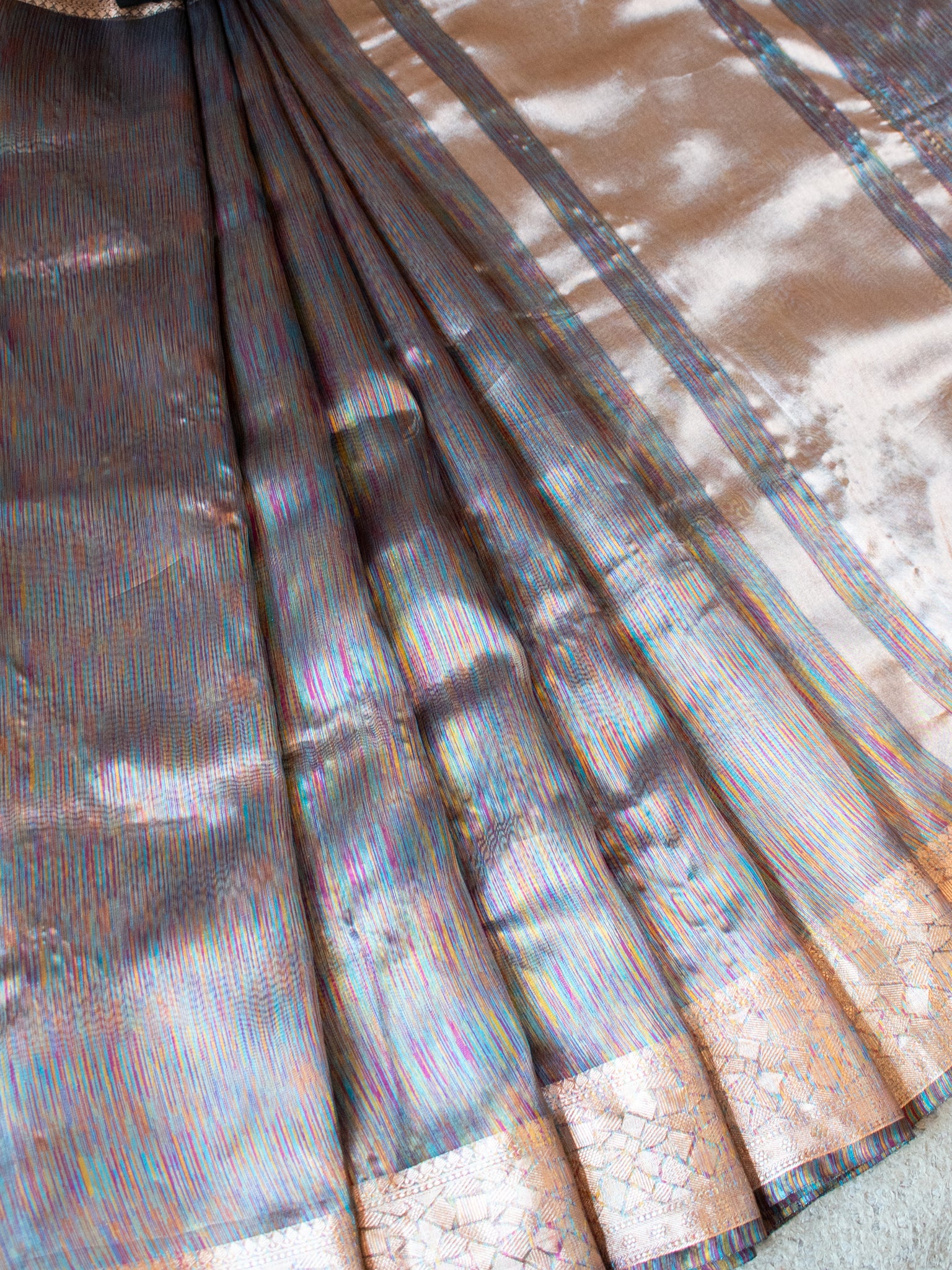 Banarasi Tissue Saree With Zari Border- Rainbow