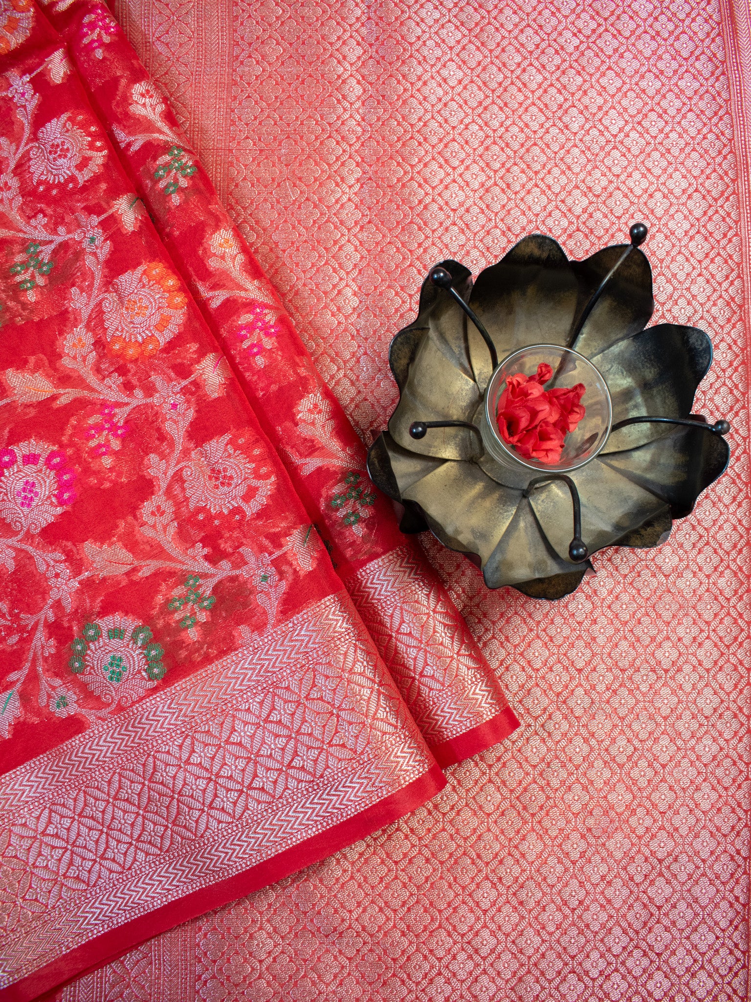 Banarasi Semi Silk Saree With Heavy Jaal Zari & Meena Weaving-Red