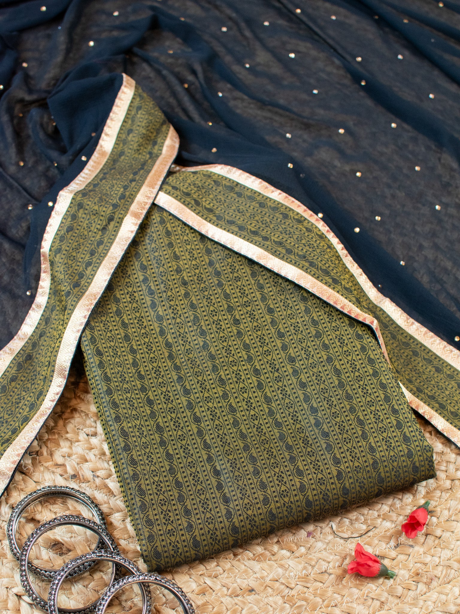 Banarasi Cotton Silk Resham Weaving Salwar Kameez Material With Black Dupatta-Deep Green