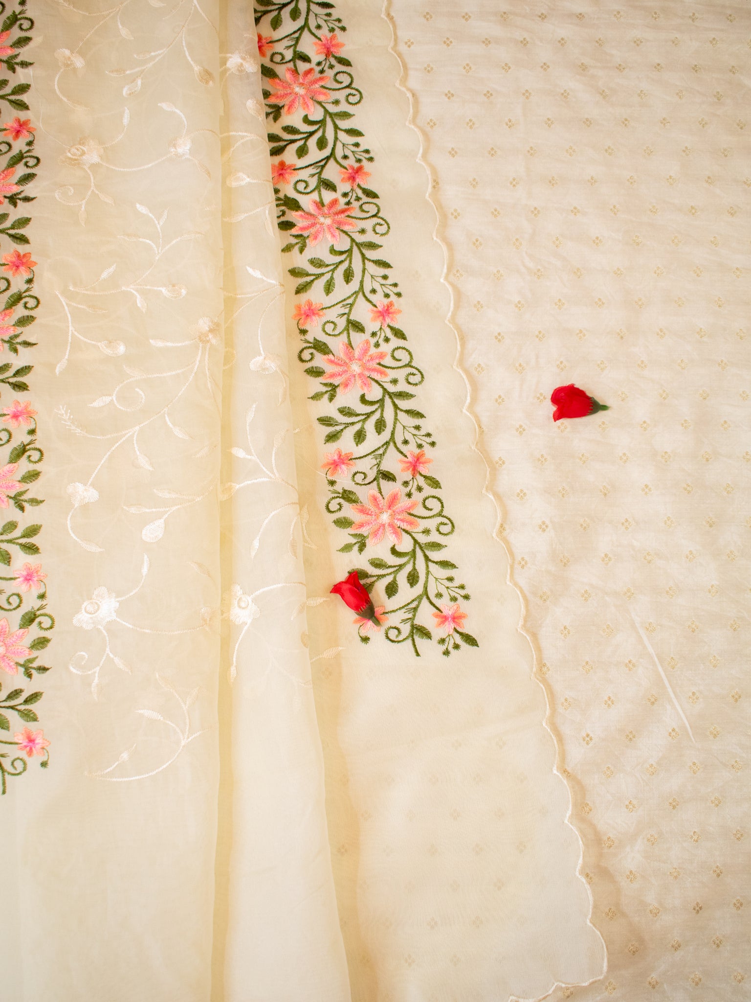 Banarasi Modal Salwar Kameez Fabric With Organza Dupatta-Cream