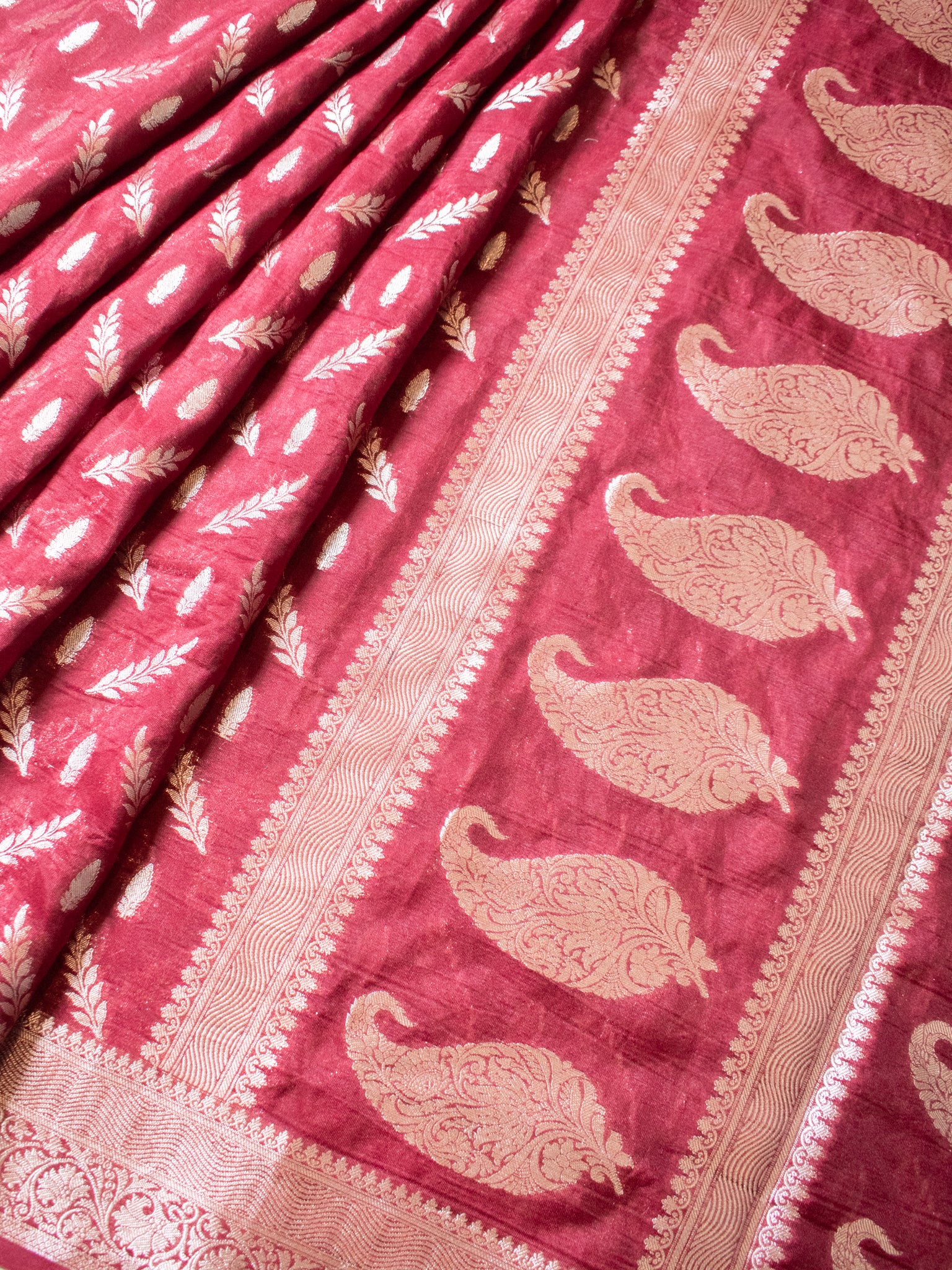 Banarasi Semi Silk Saree With Silver Zari Weaving & Border- Maroon