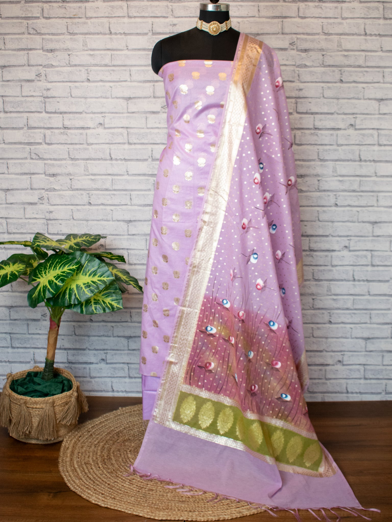 Banarasi Cotton Silk Salwar Kameez Material With Silver Zari & Hand Printed Dupatta-Purple