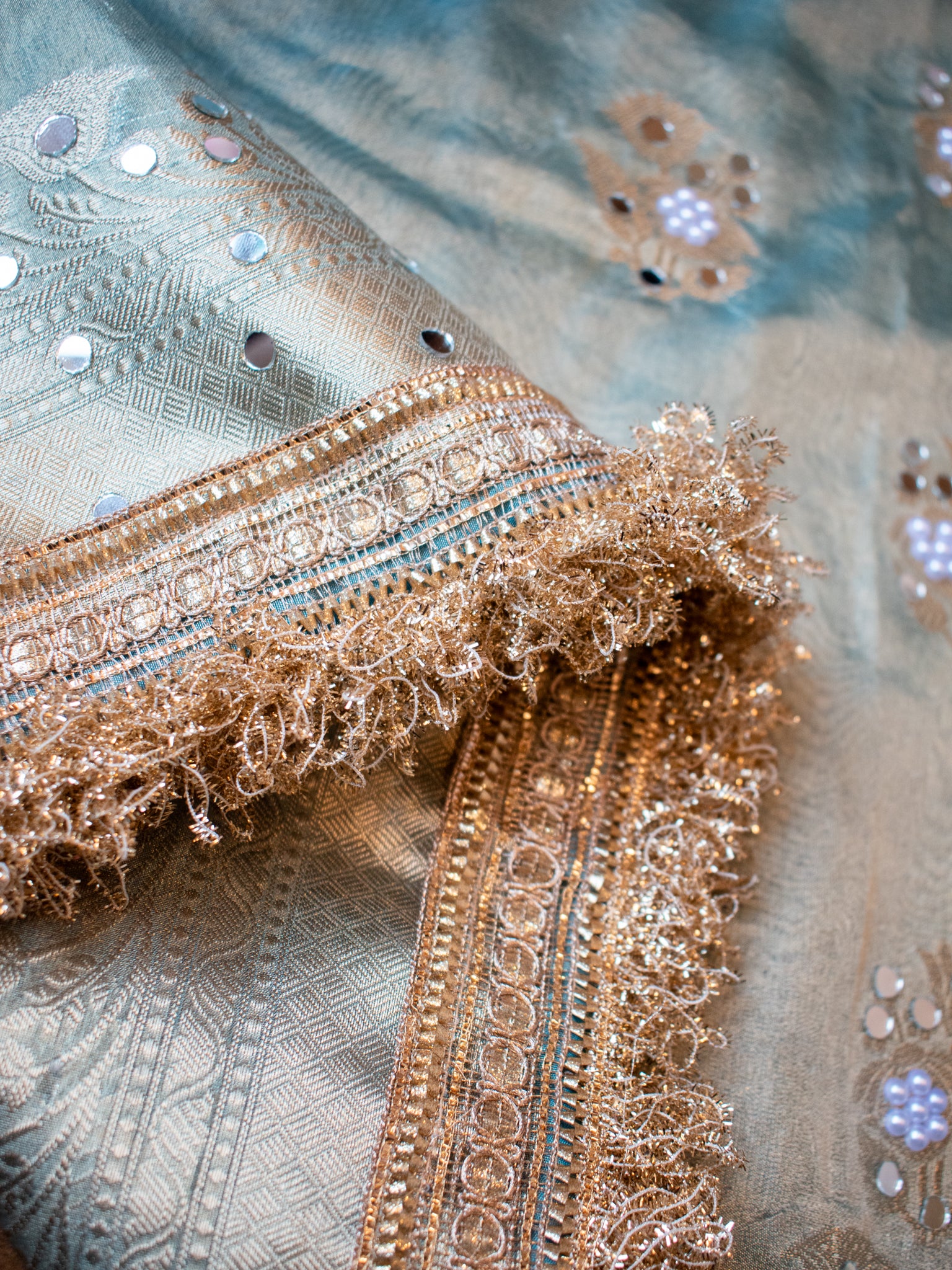 Banarasi Mirror Work Tissue Saree with Lace Border - Blue