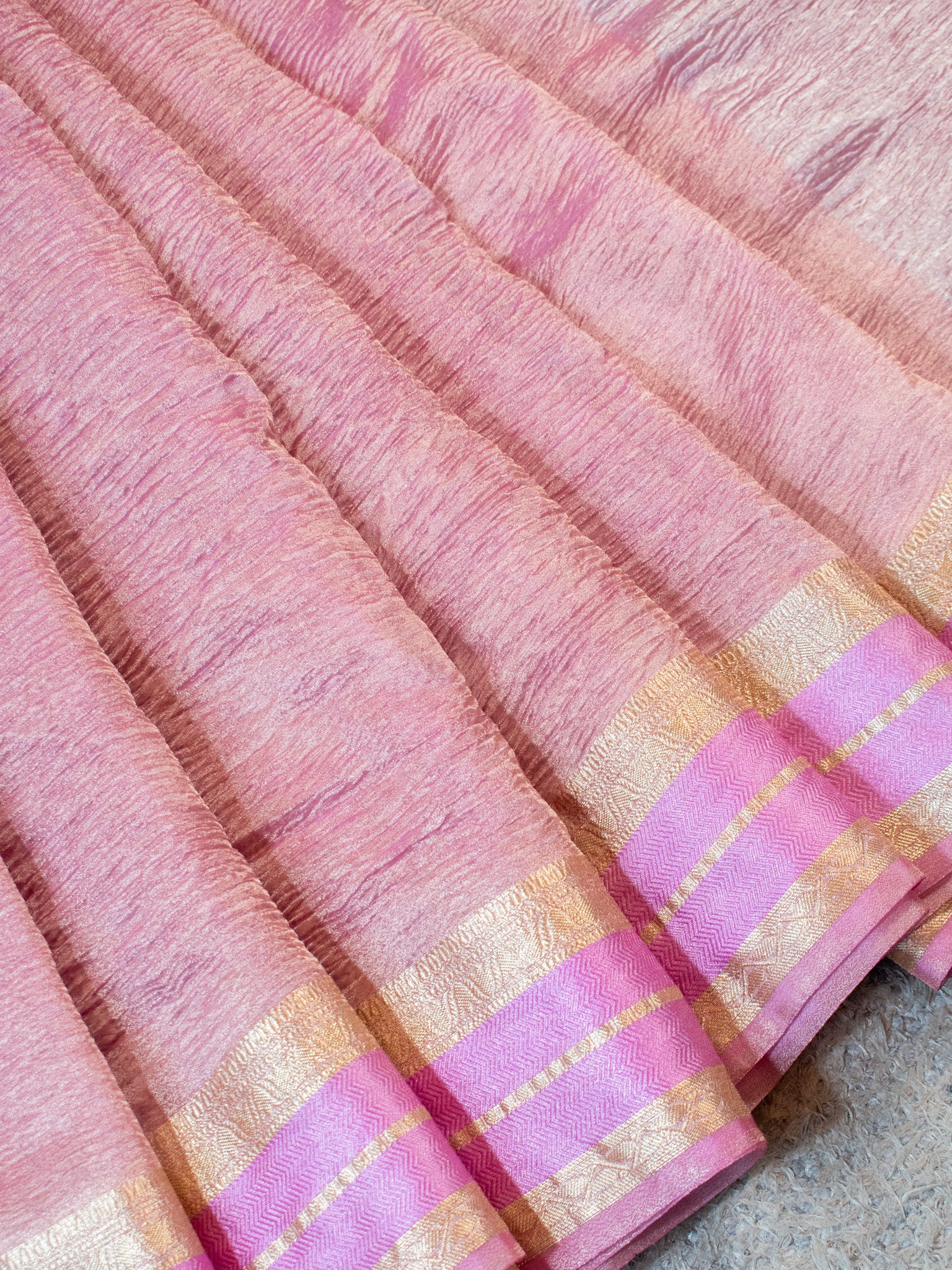 Banarasi Crushed Tissue Saree With Zari Border- Pink