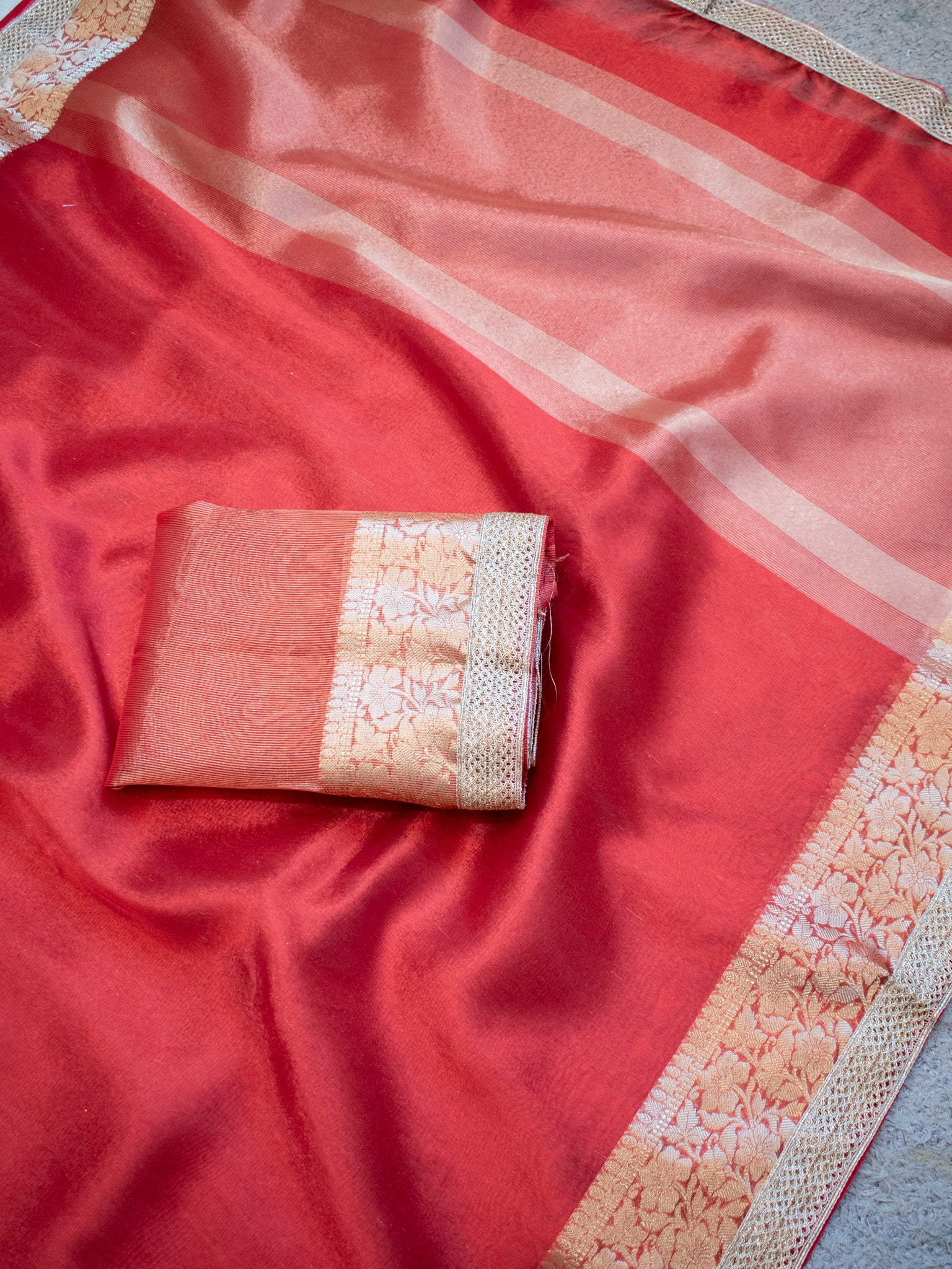 Banarasi Tissue Saree With Lace Border- Red