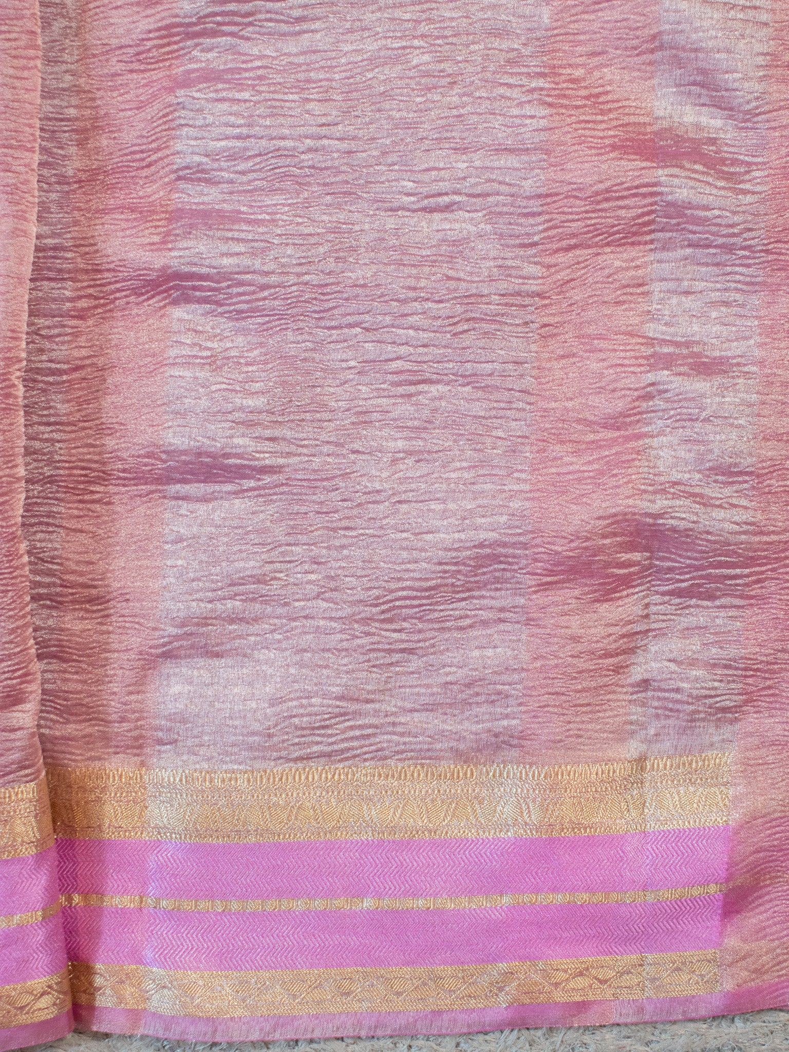 Banarasi Crushed Tissue Saree With Zari Border- Pink