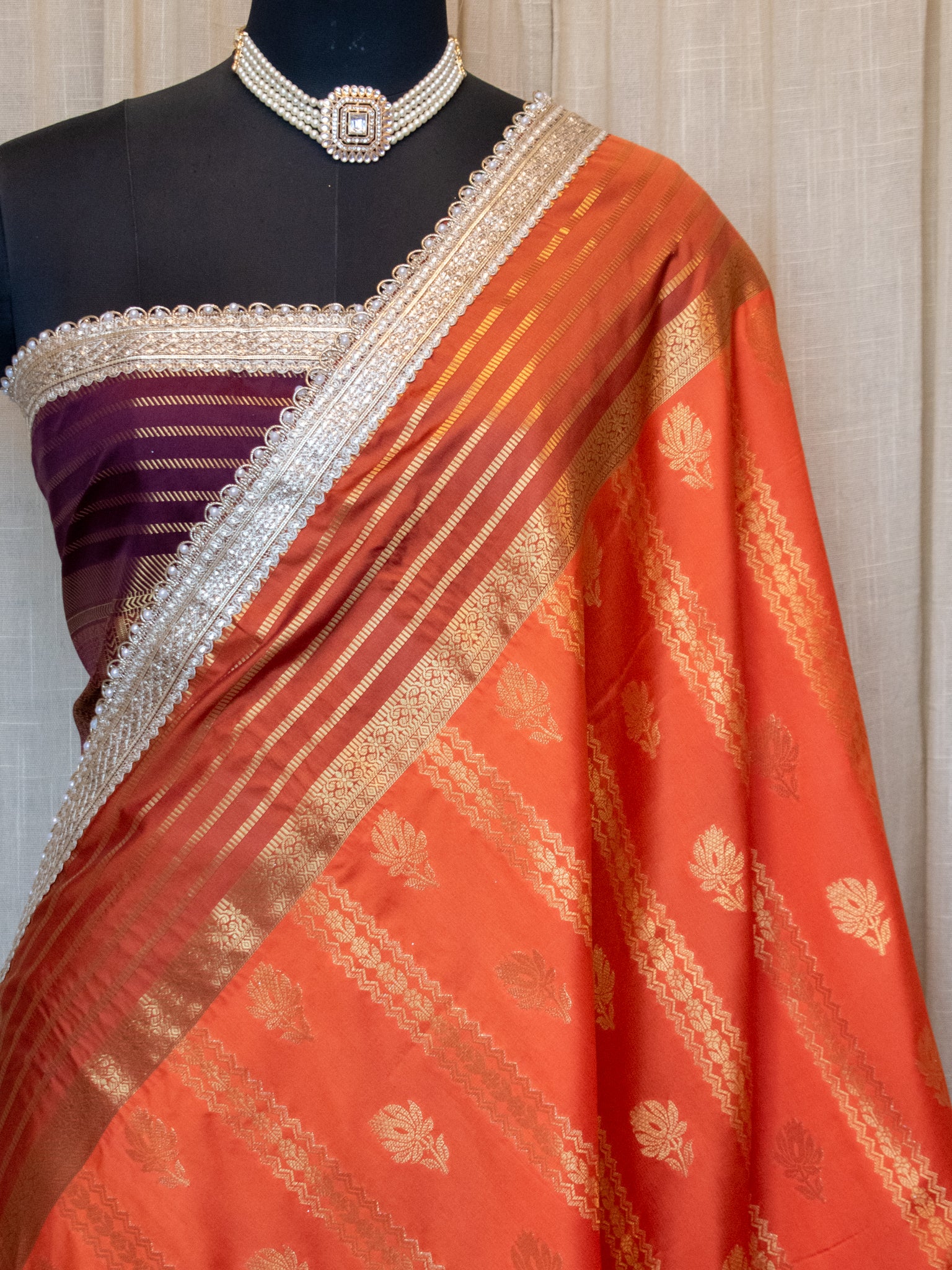 Banarasi Cotton Silk Saree with Zari Weaving & Lace Border- Orange