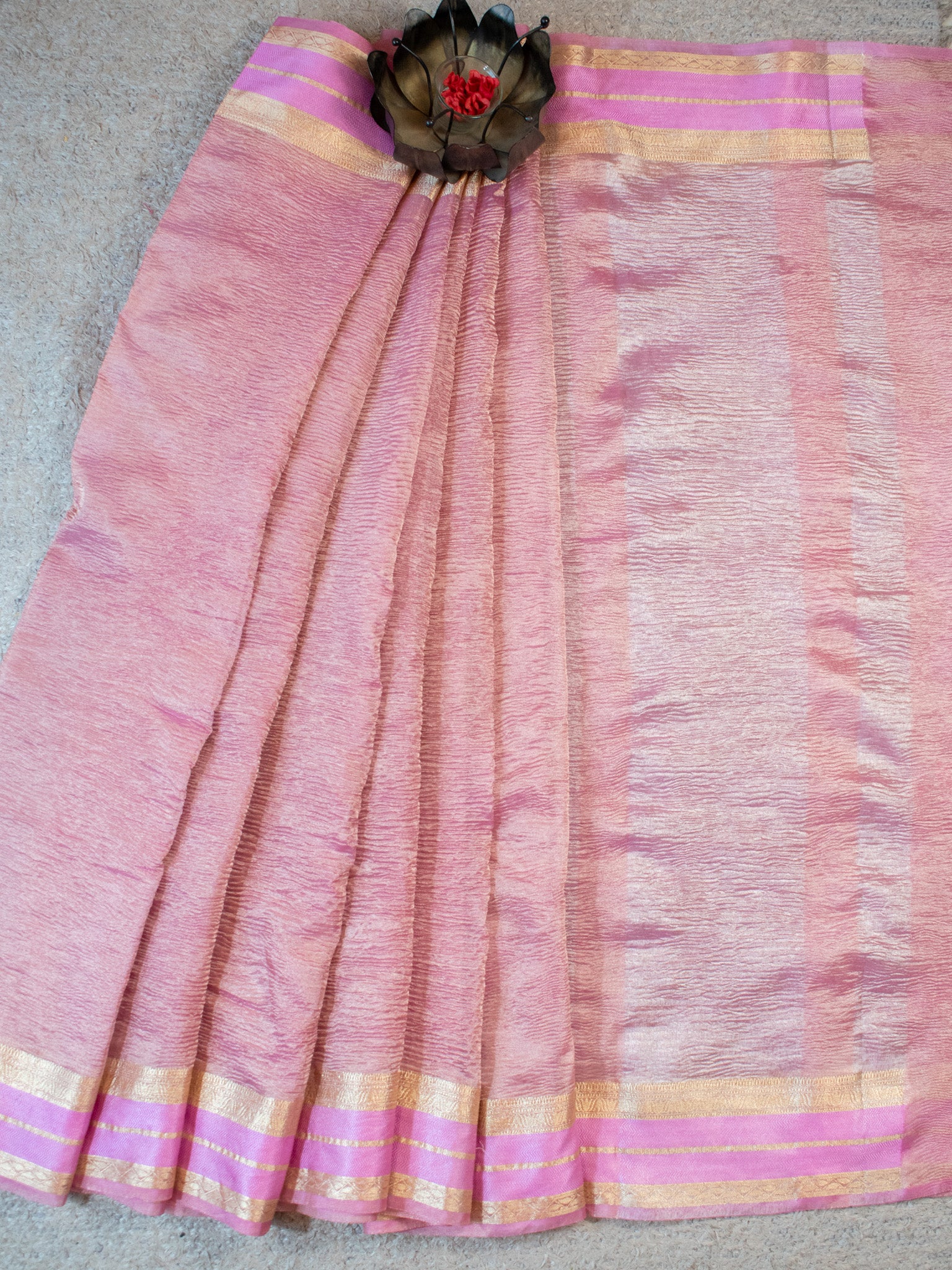 Banarasi Crushed Tissue Saree With Zari Border- Pink