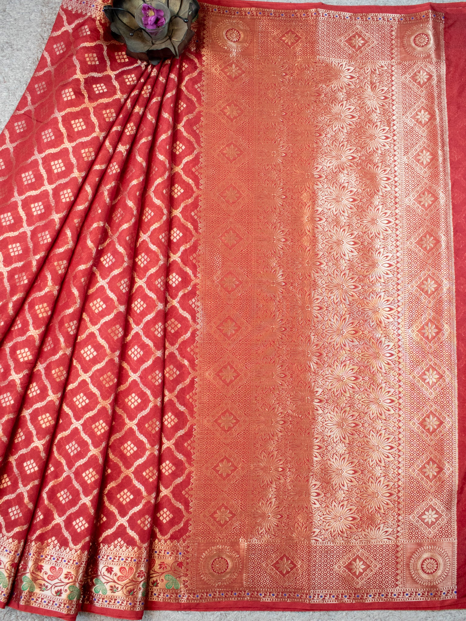 Banarasi Cotton Silk Saree With Zari Weaving & Meena Border-Red