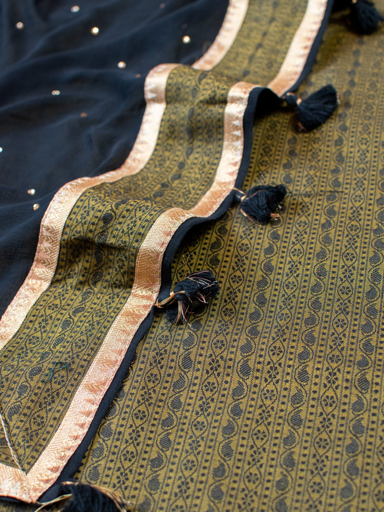 Banarasi Cotton Silk Resham Weaving Salwar Kameez Material With Black Dupatta-Deep Green