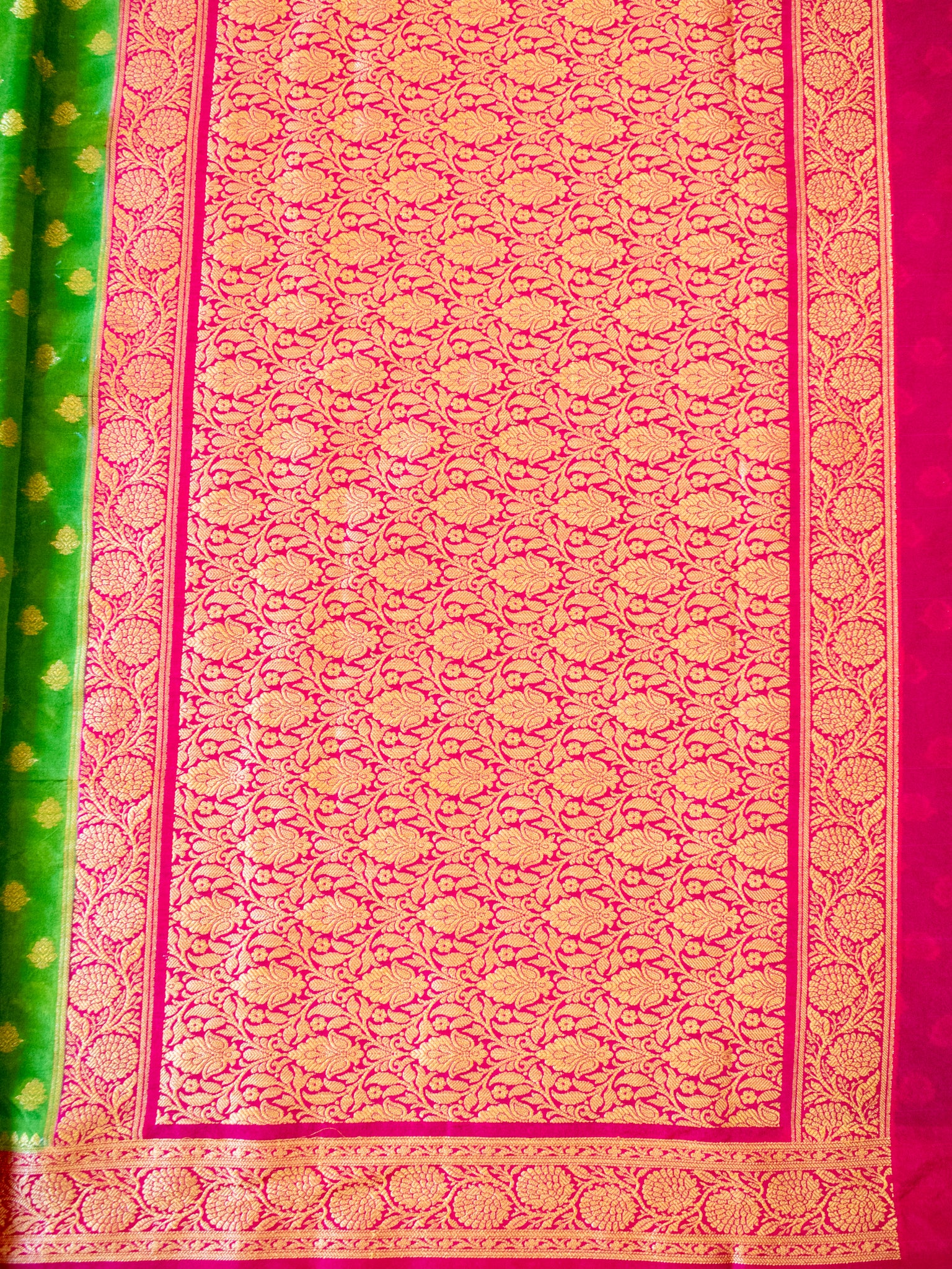 Banarasi Semi Georgette Saree With Resham Weaving & Contrast Border- Green