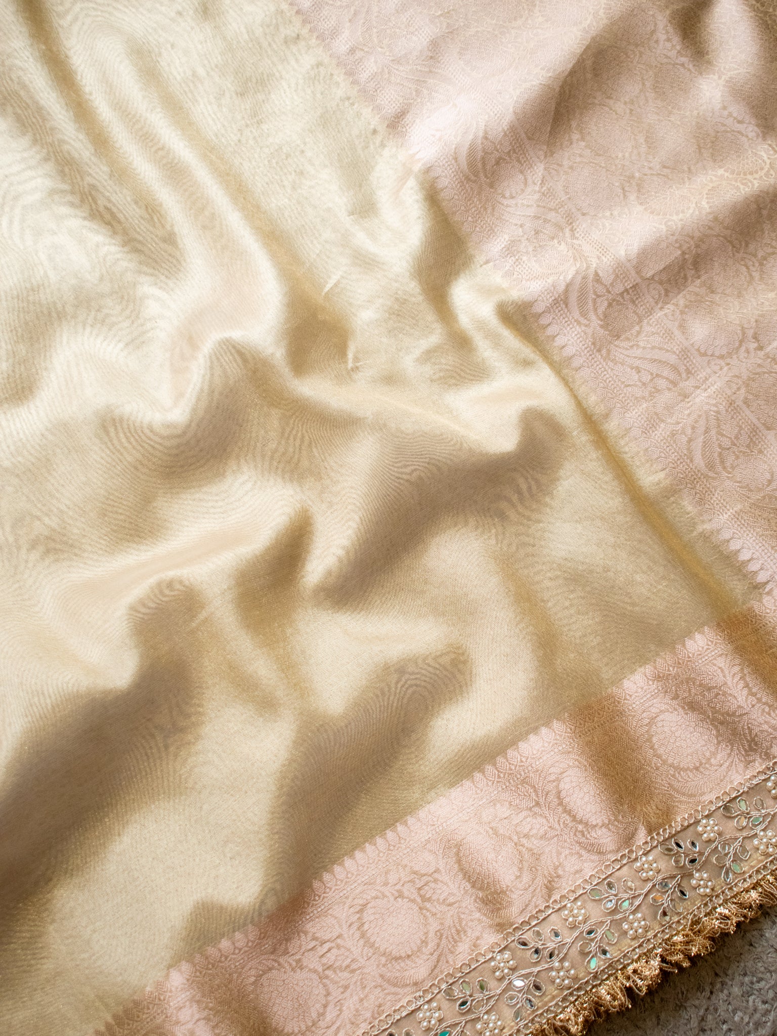 Banarasi Tissue Saree With Zari Weaving & Mirror Work Lace Border - Beige