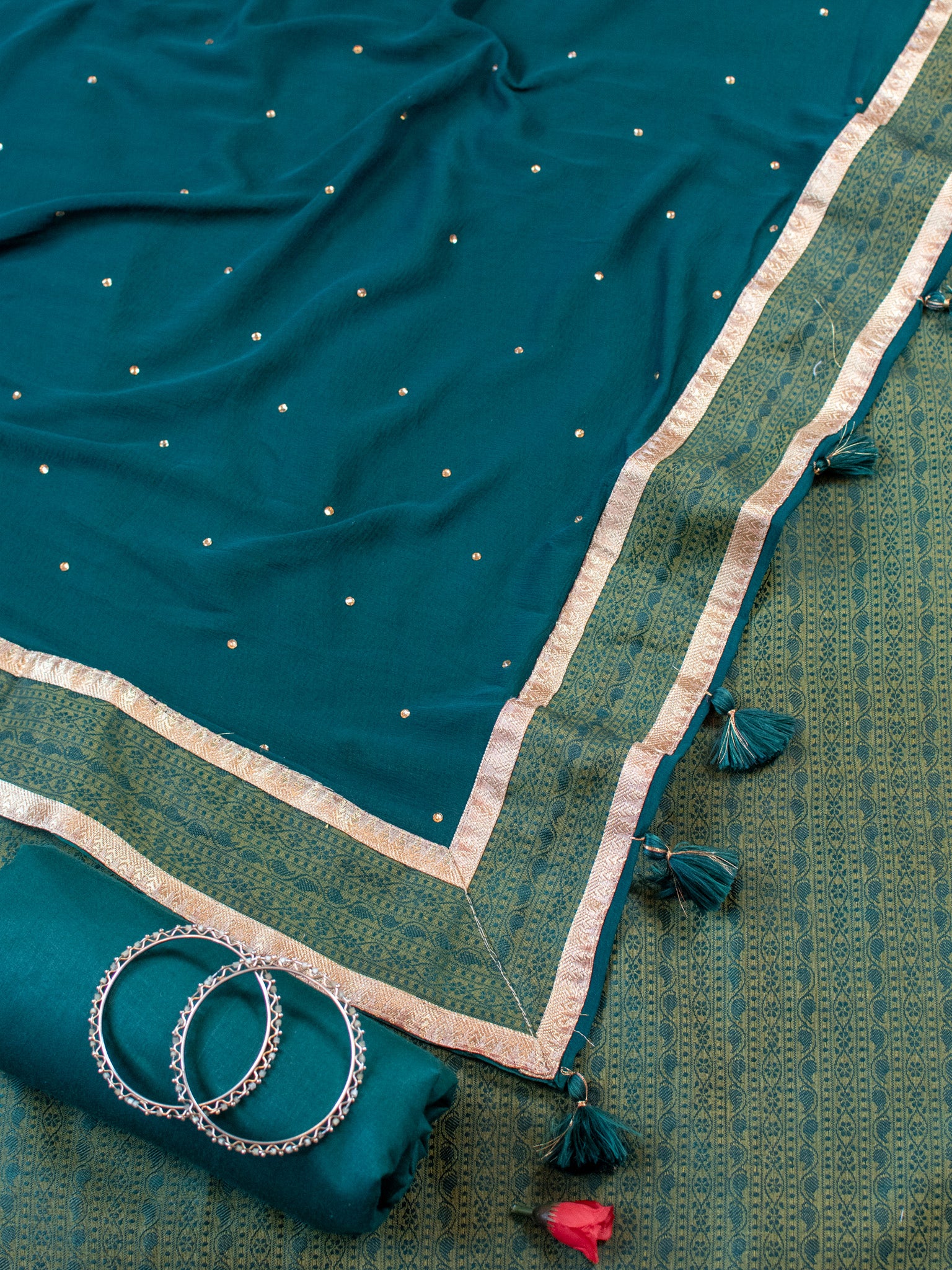 Banarasi Cotton Silk Resham Weaving Salwar Kameez Material With Dupatta-Green
