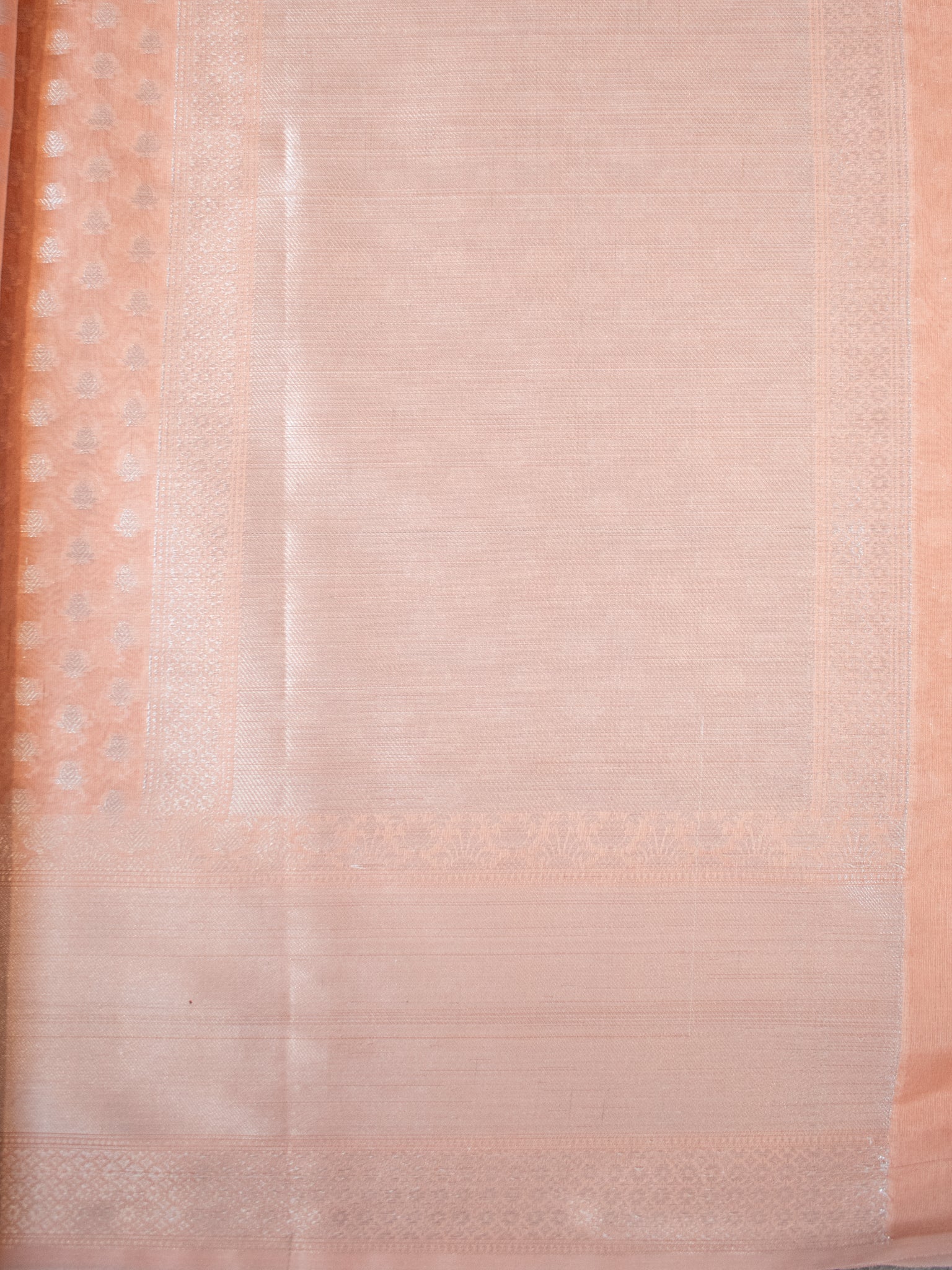Banarasi Cotton Silk Saree With Silver Zari Buti Weaving & Border - Peach