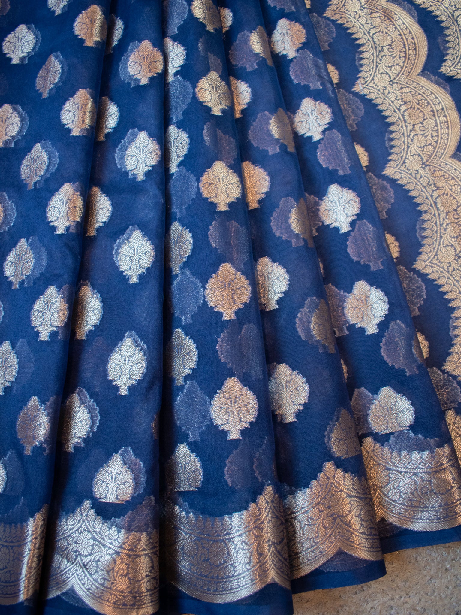 Banarasi Organza Saree With Zari Buta & Border- Blue