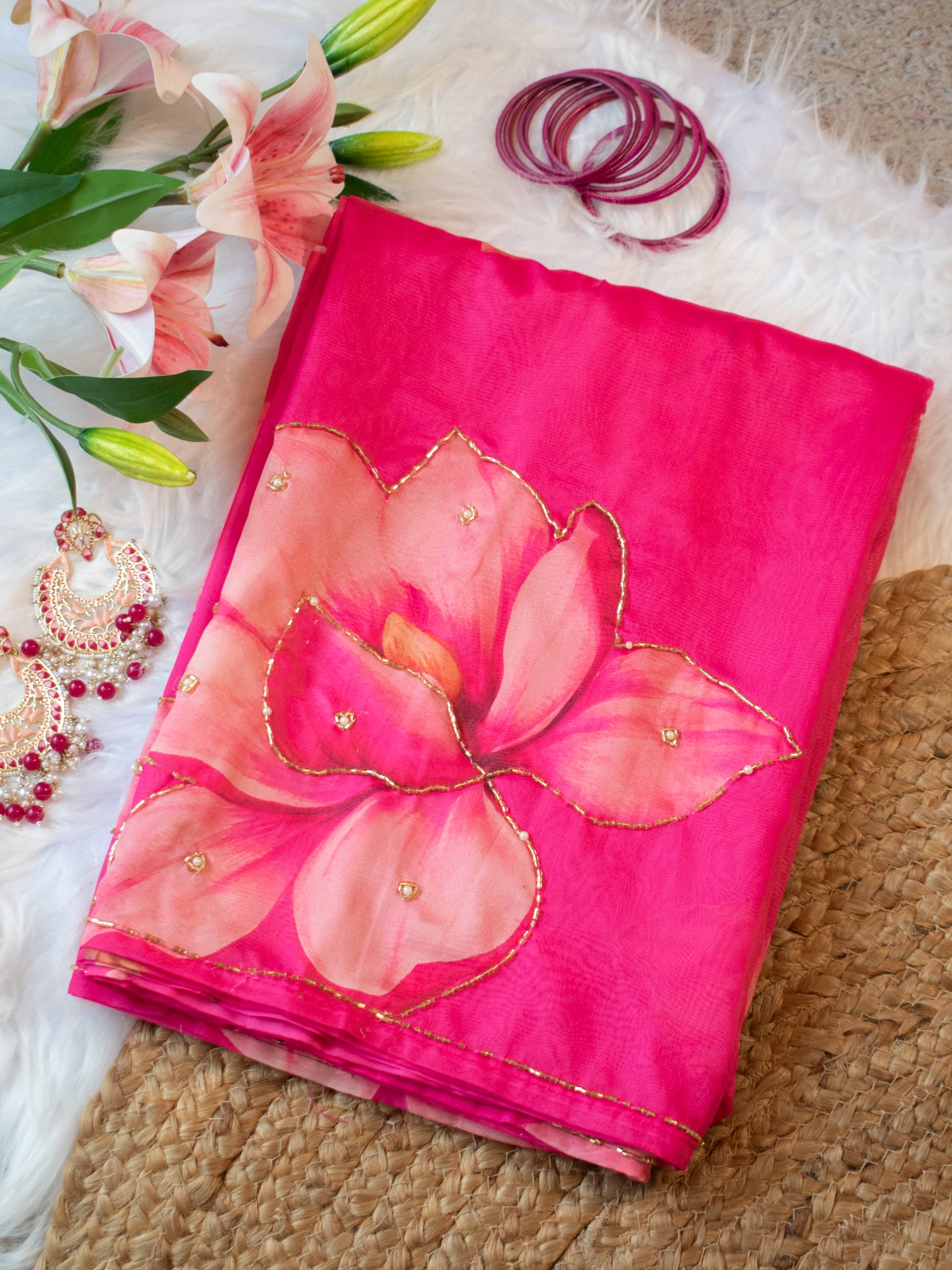 Semi Satin Floral Saree - Magenta